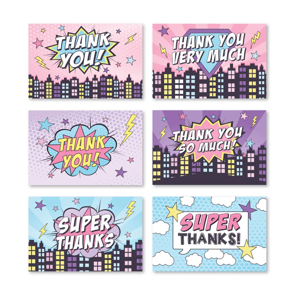 Hadley Designs 24 Pink Superhero Thank You Cards with Envelopes - Birthday Party, Graduation, Baby Shower & Wedding Favors for Kids & Adults - Perfect for Superhero Themed Events & Gratitude Gifts
