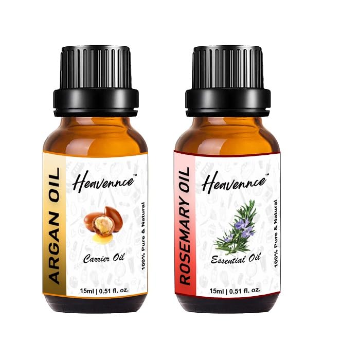 Heavennce Argan Oil & Rosemary Oil Combo for Hair Growth, Skin Moisturizing & Anti-Aging | Natural Hair Care & Skin Rejuvenation Treatment | Aromatherapy Essential Oils Duo | Perfect for Daily Hair Routine & Spa Night Self-Care (Pack of 2, 30ML Each)
