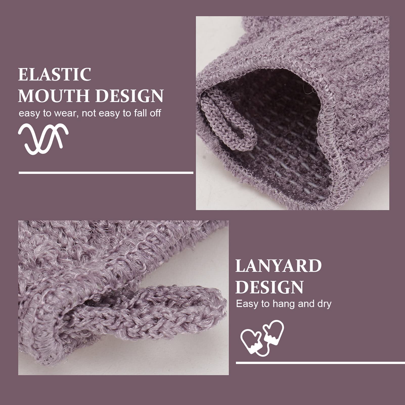 Lurrose 2-Pair Exfoliating Bath Gloves for Deep Cleansing & Smooth Skin - Soft Body Scrub Mittens for Shower & Spa (Purple) - Perfect for Dry Brushing & Dead Skin Removal