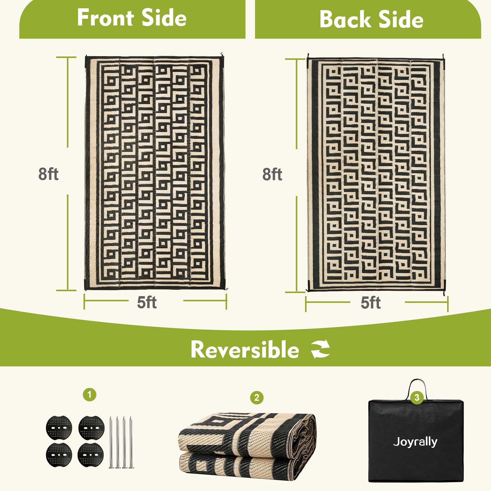 5' x 8' Waterproof Reversible Outdoor Rug - Durable Plastic Straw Patio Mat for Camping, RV, Picnic, Beach, Deck & Backyard | All-Weather Design for Patio Furniture, Porch, Balcony & Outdoor Entertaining