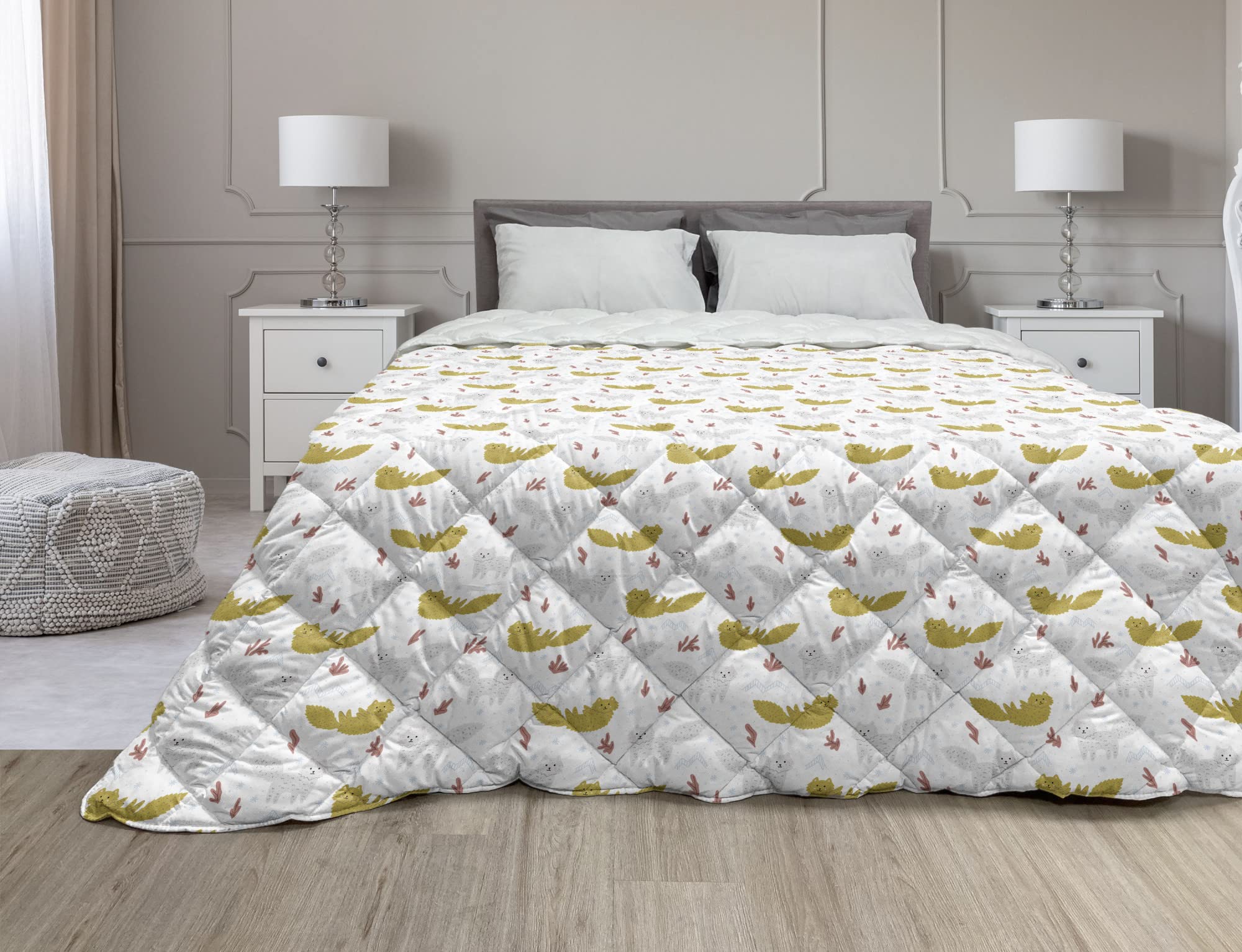 Ambesonne Queen Size Cat Love Down Alternative Comforter - Funny Kittens with Autumn Leaves Cartoon Design, All-Season Microfiber Quilt in Pearl Green & Brown | Perfect for Pet Lovers' Bedroom Decor & Cozy Nights