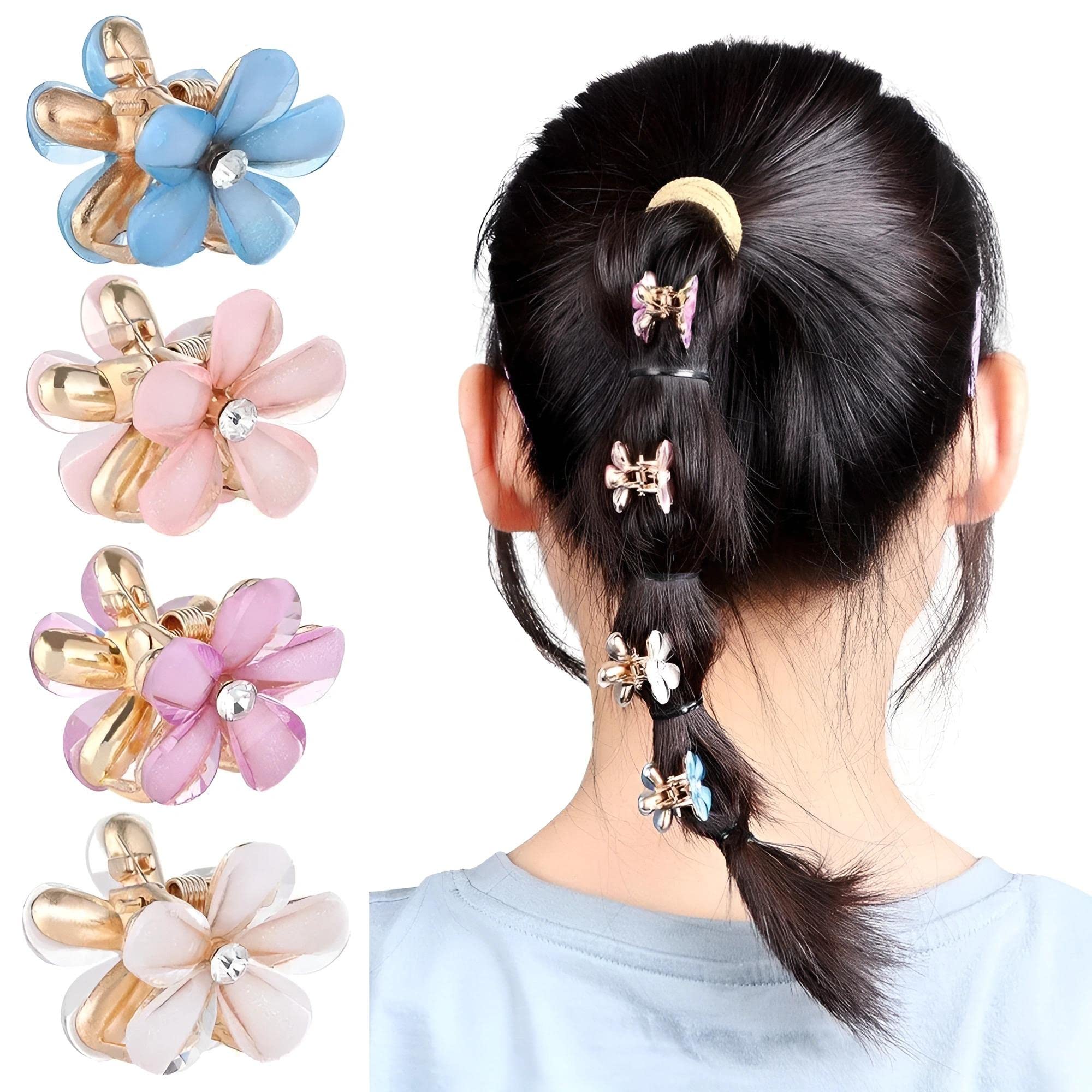 ASG 4 Pcs Rhinestone Mini Flower Hair Clips - Sparkling Crystal Hair Barrettes & Claw Clips for Women (Multicolor) | Perfect for Weddings, Parties & Everyday Hair Accessories