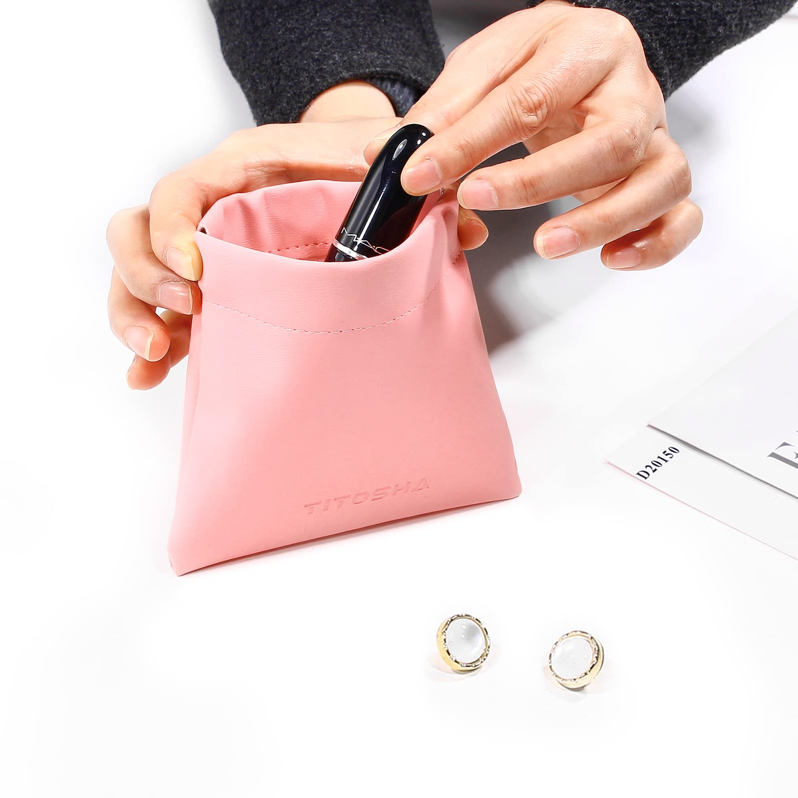 Titosha Portable Squeeze Top Cosmetic Bag for Women - Self Closing Lambskin Makeup Pouch, Mini Storage Organizer for Lipstick, Jewelry & Coins (Khaki) | Perfect for Travel, Gym & Everyday Essentials