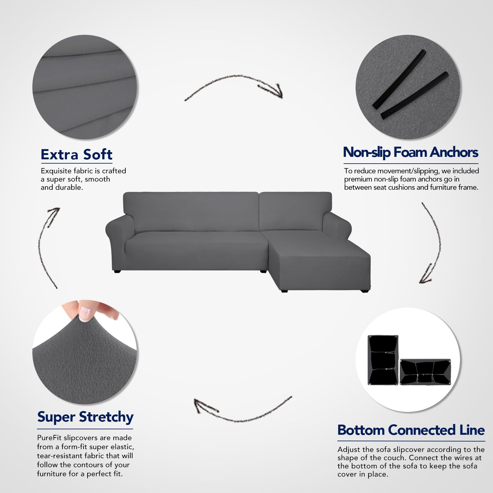 PureFit Super Stretch Sectional Couch Covers - 2 Piece Spandex Non-Slip Sofa Protector with Elastic Bottom for L-Shaped Couches, Pet & Kid Friendly (3-Seater + Chaise Lounge, Gray) | Perfect for Living Room, Family Room & Home Theater Furniture Protection