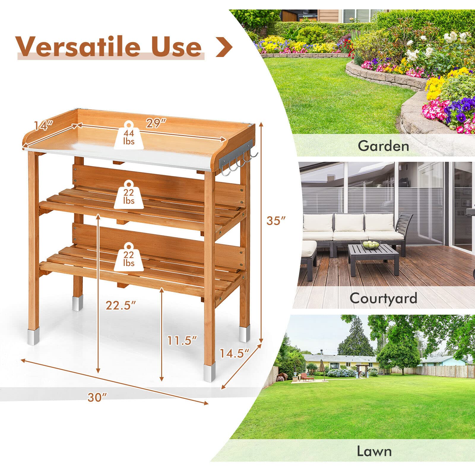 SAFSTAR Fir Wood & Metal Potting Bench with Open Shelves & Hanging Hooks - Heavy Duty Garden Workstation for Planting, Transplanting, and Outdoor Gardening - Perfect for Backyard, Balcony, and Greenhouse Use