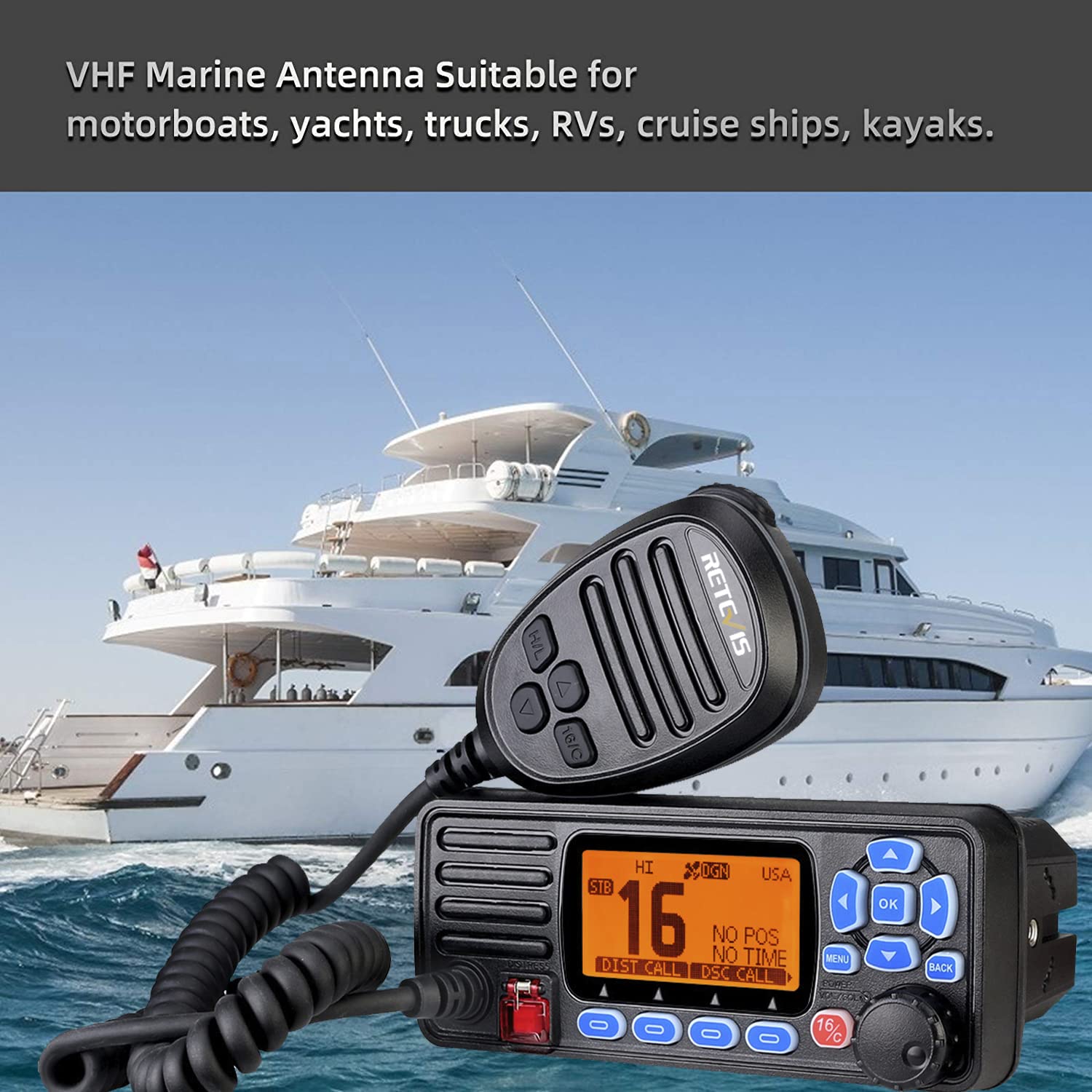 Retevis RA27 Waterproof IP67 Marine Radio with GPS, DSC & NOAA Weather - Fixed Mount VHF Boat Radio with Fiberglass Antenna & 7m Coaxial Cable for Ships & Shore Communication | Ideal for Boating, Fishing & Emergency Situations
