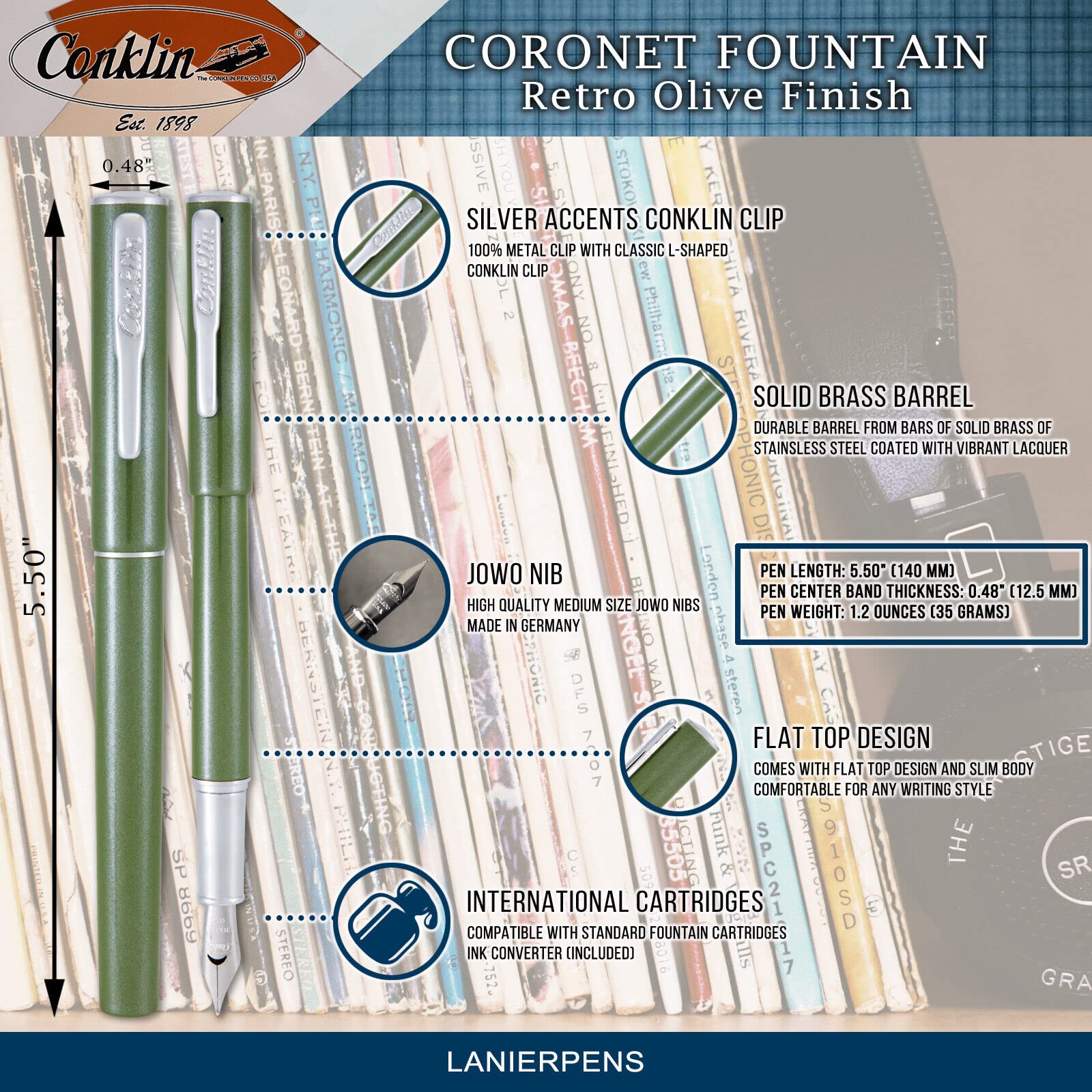 Conklin Coronet Ballpoint & Fountain Pen Set - Olive Green Medium Tip for Professional Writing, Office Use & Gift Giving