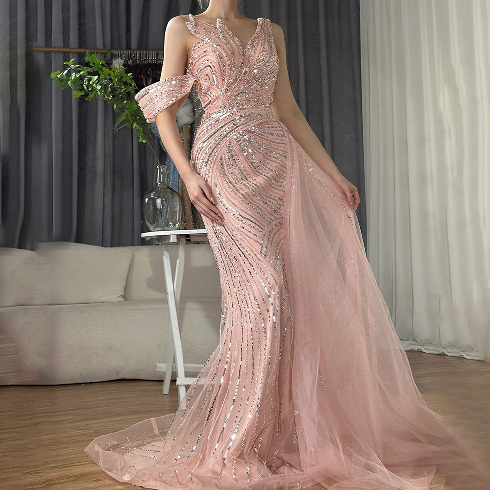 Elegant One Shoulder Beaded Long Evening Dress - Dubai Arabic Pink Mermaid Gown for Prom, Wedding & Formal Occasions | LA72662A
