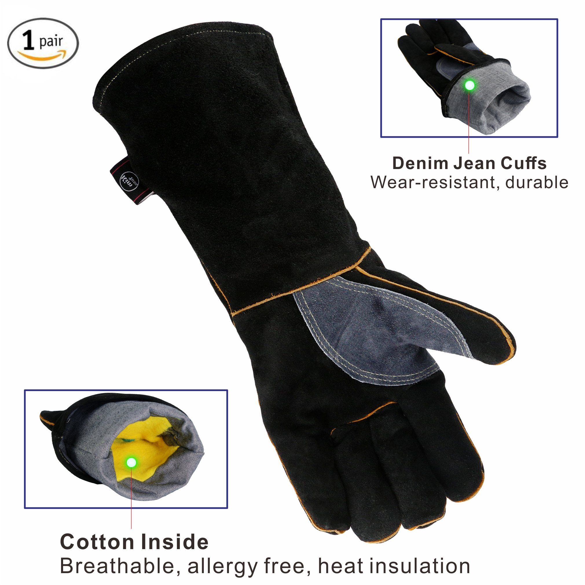 Heat & Fire Resistant Leather Gloves with Kevlar Stitching - Heavy Duty Protection for Fireplace, Stove, Oven, Grill, Welding, BBQ, MIG, Pot Holder & Animal Handling - Ideal for Cooking, Grilling, Metalworking & Outdoor Activities