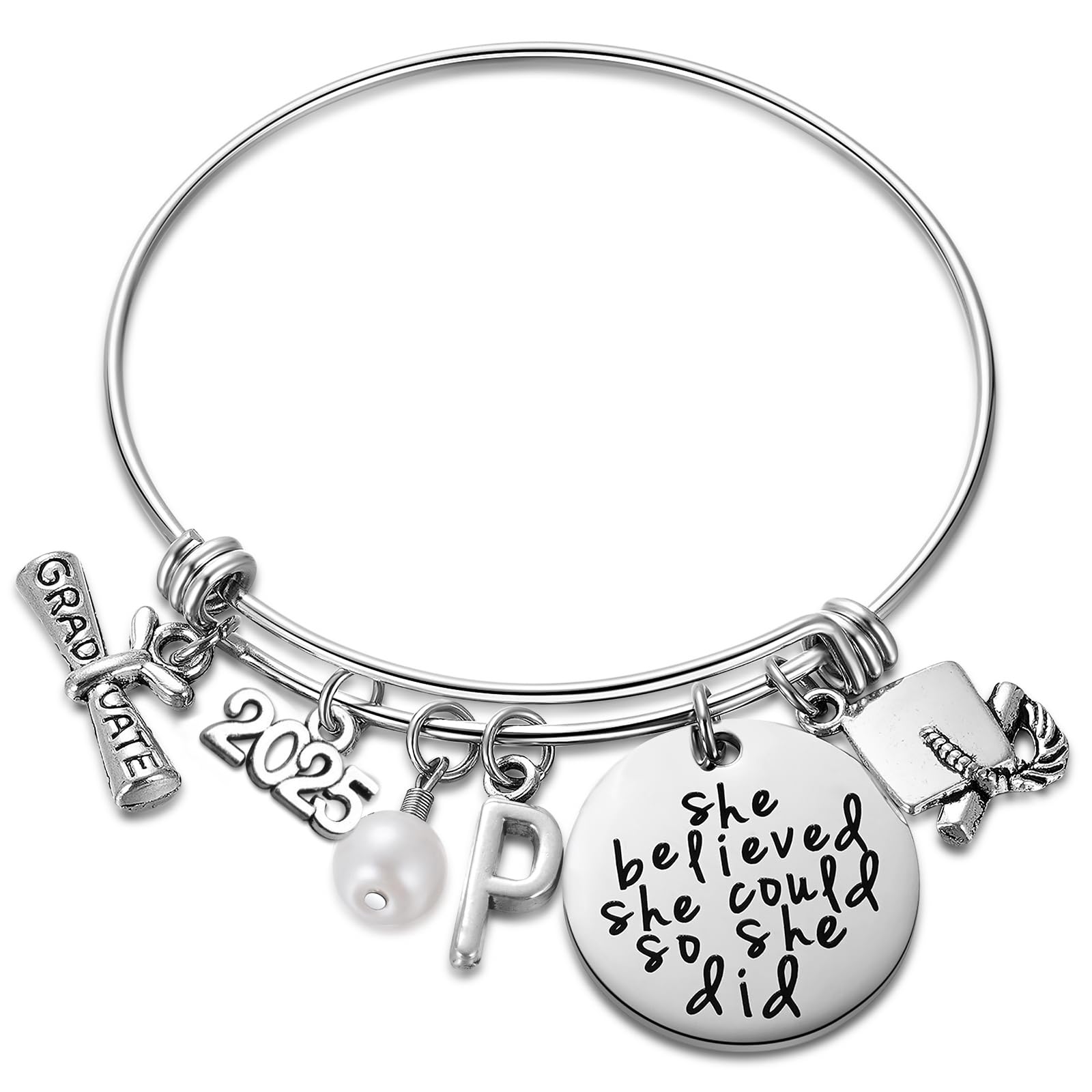 Ukodnus Class of 2025 Graduation Bracelet - Inspirational Senior Gift for High School & College Graduates - Personalized 26 Initial Charm Bracelet for Women - Perfect Graduation Party, Commencement & Achievement Celebration Gift