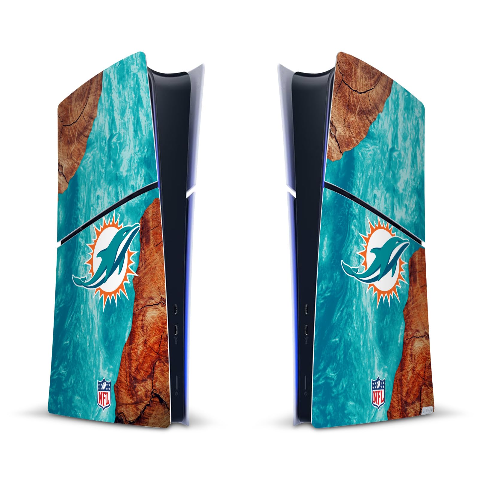 Official NFL Miami Dolphins Wood & Resin Vinyl Sticker Skin Compatible with Sony PlayStation 5 PS5 Slim/PRO Digital Edition Console - Perfect for Gaming Setups, Sports Fan Gifts & Console Customization