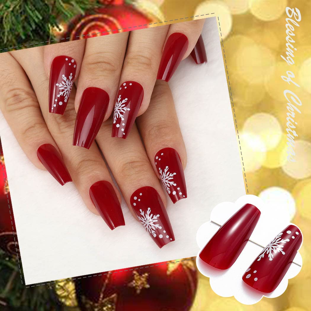 Uranian Christmas Press on Nails - 24pcs Long Red Coffin Fake Nails with Snowflake, Stripes & Glitter Designs | Glossy Santa Claus & Elk French Tip Acrylic Nails for Women & Girls | Perfect for Holiday Parties, Gift Giving & Festive Nail Art