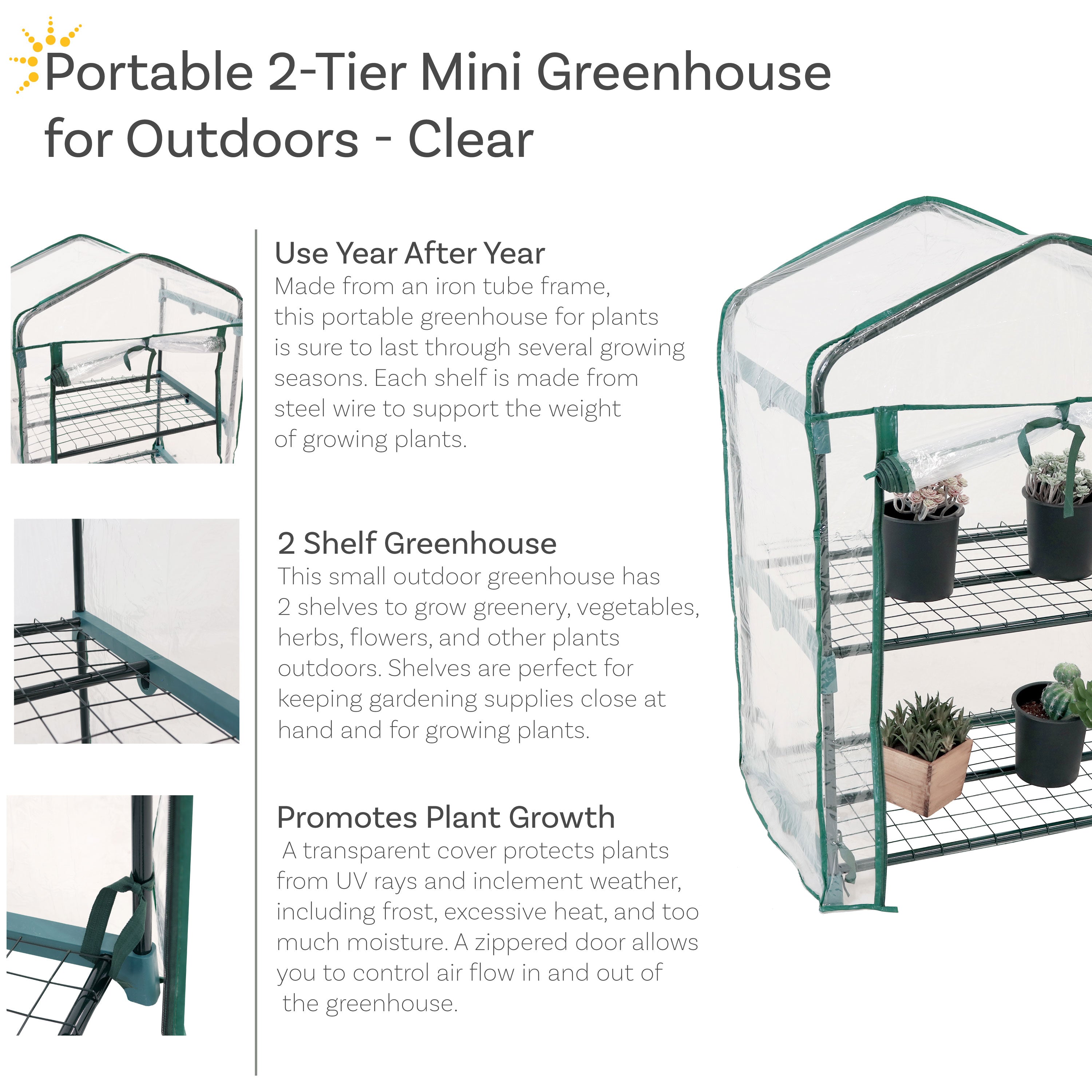 Sunnydaze Portable 2-Tier Mini Greenhouse for Outdoors - Clear Cover for Plants, Herbs & Seedlings | Perfect for Patio, Garden & Balcony Use