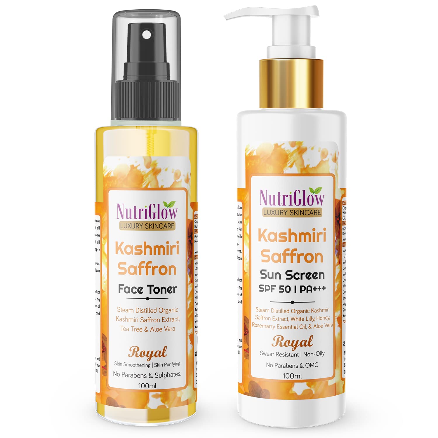 NutriGlow Luxury Skincare Kashmiri Saffron Face Toner with Aloe Vera & SPF 50 PA+++ | pH Balancing, Brightening, Blemish Treatment | 100ml (Pack of 2) | Perfect for Daily Hydration & Sun Protection