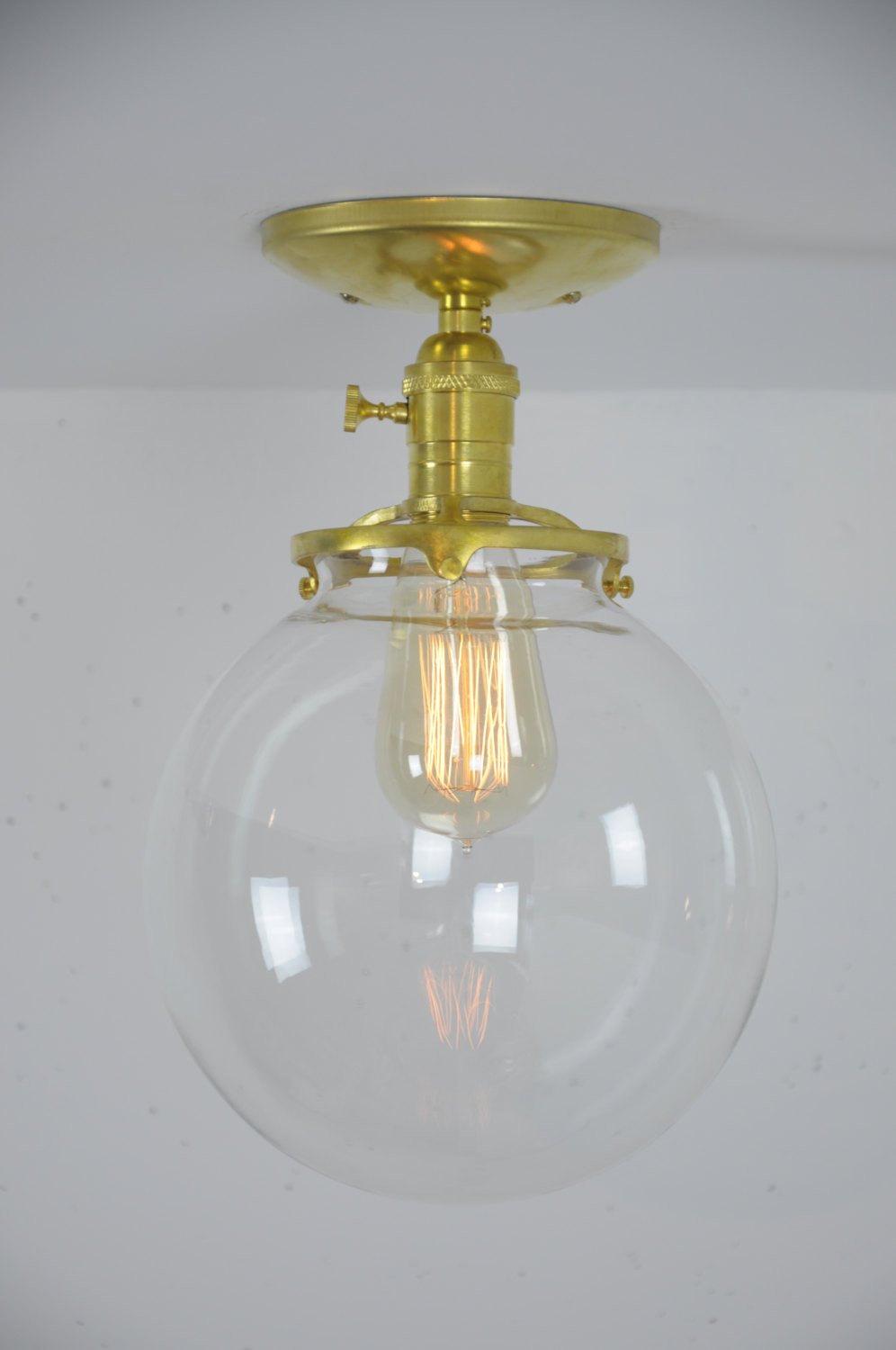 8 Inch Glass Globe Brass Semi Flush Mount Light Fixture - Vintage Ceiling Lighting for Bedroom, Living Room & Dining Room