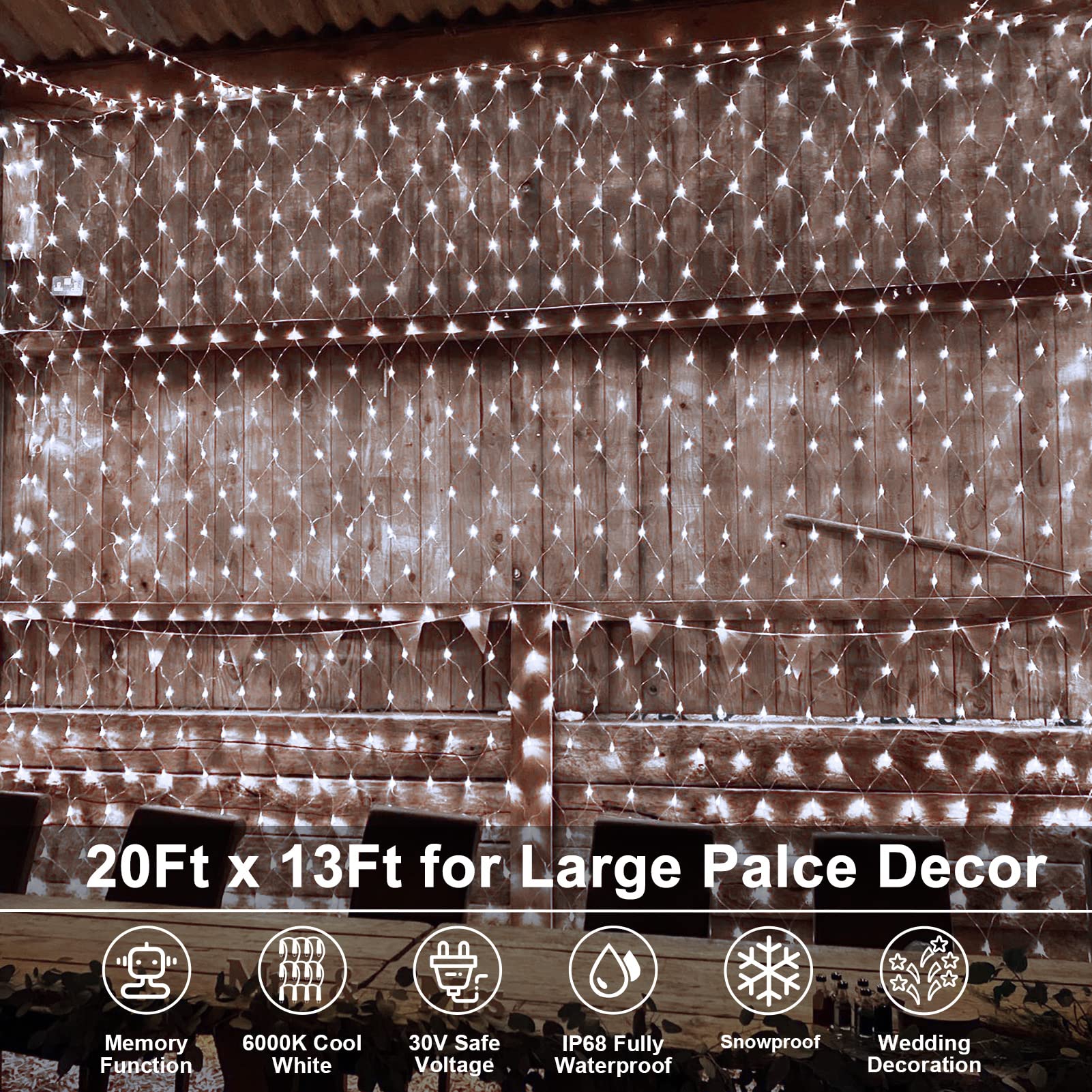 Echosari 720 LED Net Lights 20ft x 13ft - Large Waterproof Outdoor Christmas Lights for Trees, Bushes, Garden, Backyard, Wall - IP68 Plug-in Holiday Decoration (Cool White) - Perfect for Halloween, Christmas, Parties & Year-Round Outdoor Decor