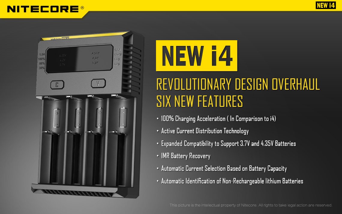 NITECORE New i4 Universal Battery Charger for Li-ion, IMR, Ni-MH, Ni-Cd - Compatible with 18650, 18350, 16340, RCR123, 14500, AA, AAA, C, D Batteries - Includes AC/DC Power Cords & EdisonBright BBX3 Battery Box - Perfect for Home, Office, Travel, and Emergency Power Backup