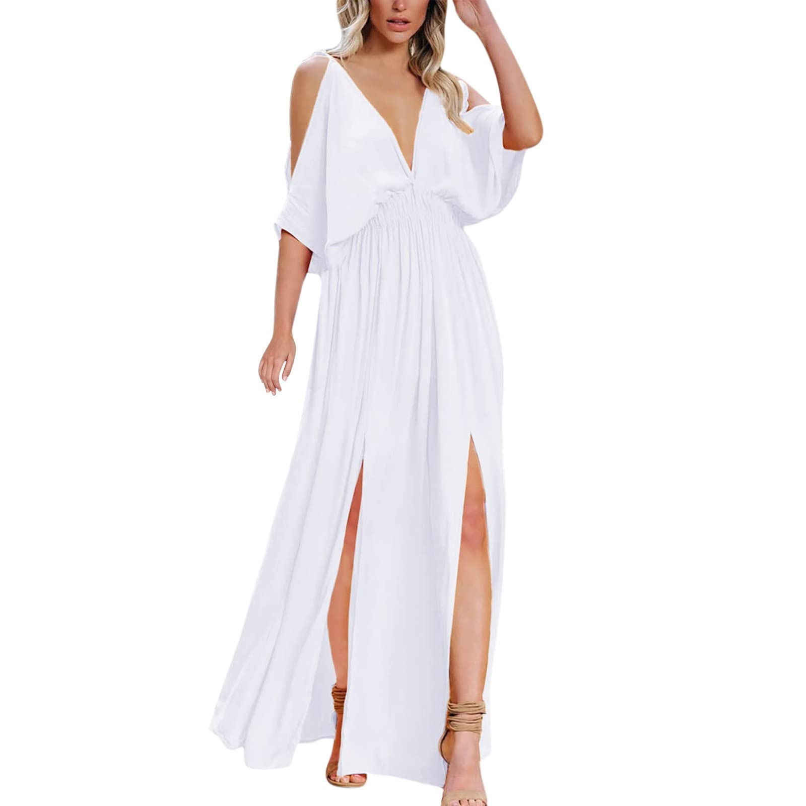 Women's Summer V-Neck Cold Shoulder Short Sleeve Maxi Dress - High Waist Split Wedding Dress with Halter Neck - Perfect for Beach Vacations, Date Nights & Summer Weddings