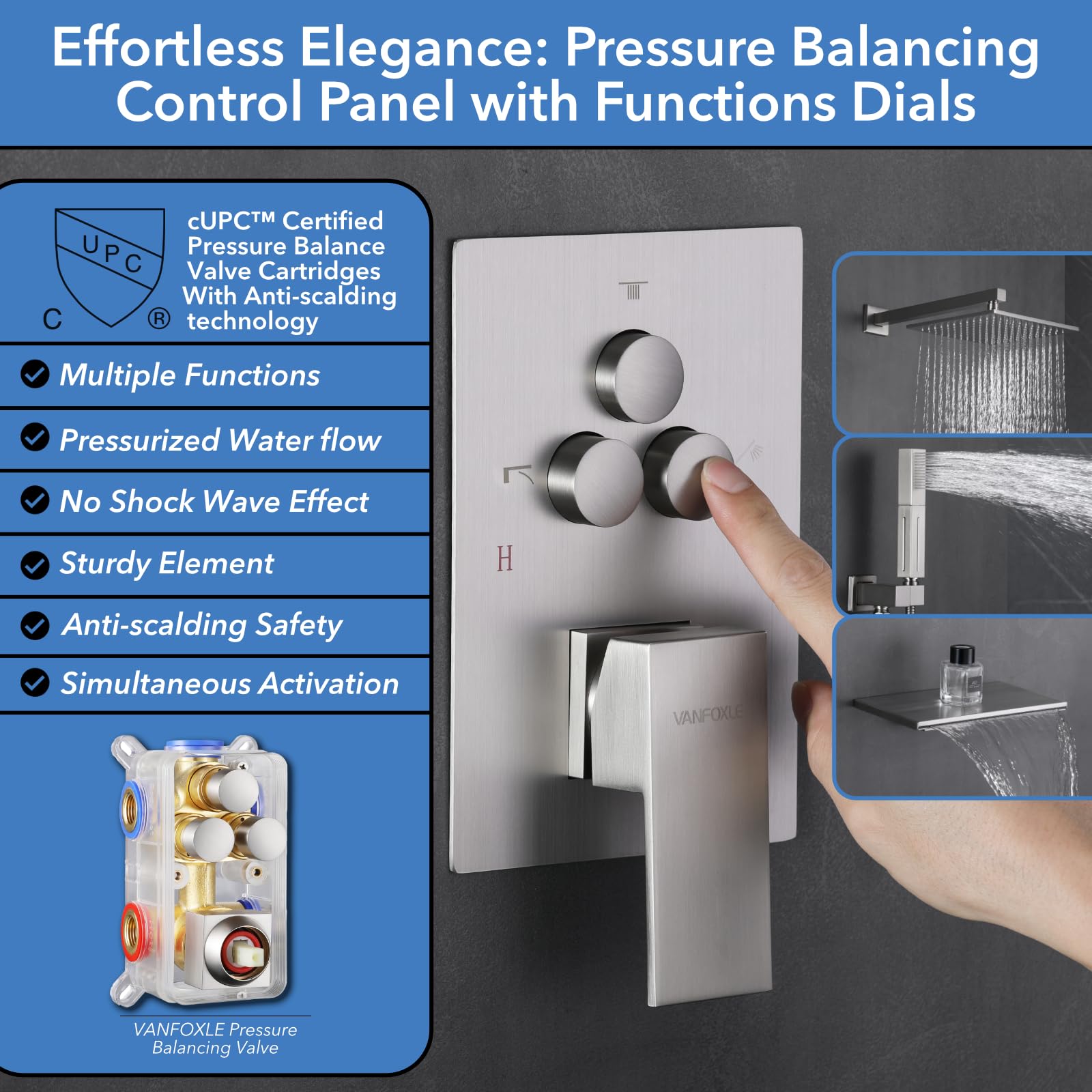 VANFOXLE Brushed Nickel Shower Faucet Set with Tub Spout & Push Button Diverter - 2 in 1 Handheld Shower Head & 10 Inch Rainfall Shower - Includes Rough-in Valve Body and Trim - Perfect for Bathroom Renovation & Modern Home Upgrade