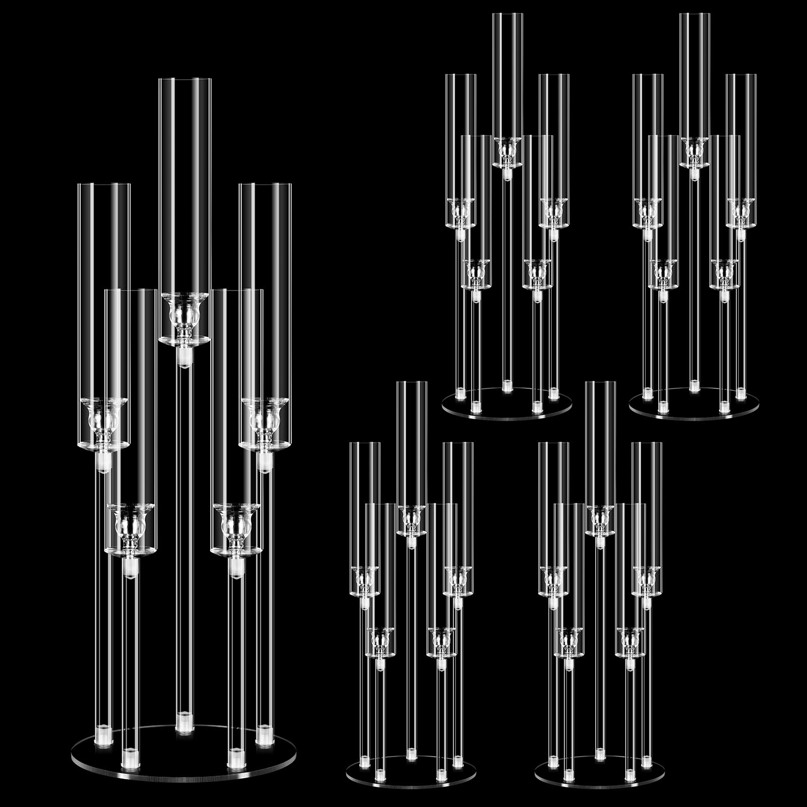 4-Piece Acrylic Candelabra Centerpiece Set - 5-Arm Clear Candlestick Holders with Acrylic Shades for Wedding, Valentine's Day & Dinner Party Decor - Perfect for Table Centerpieces, Fireplace Displays & LED Candle Holders