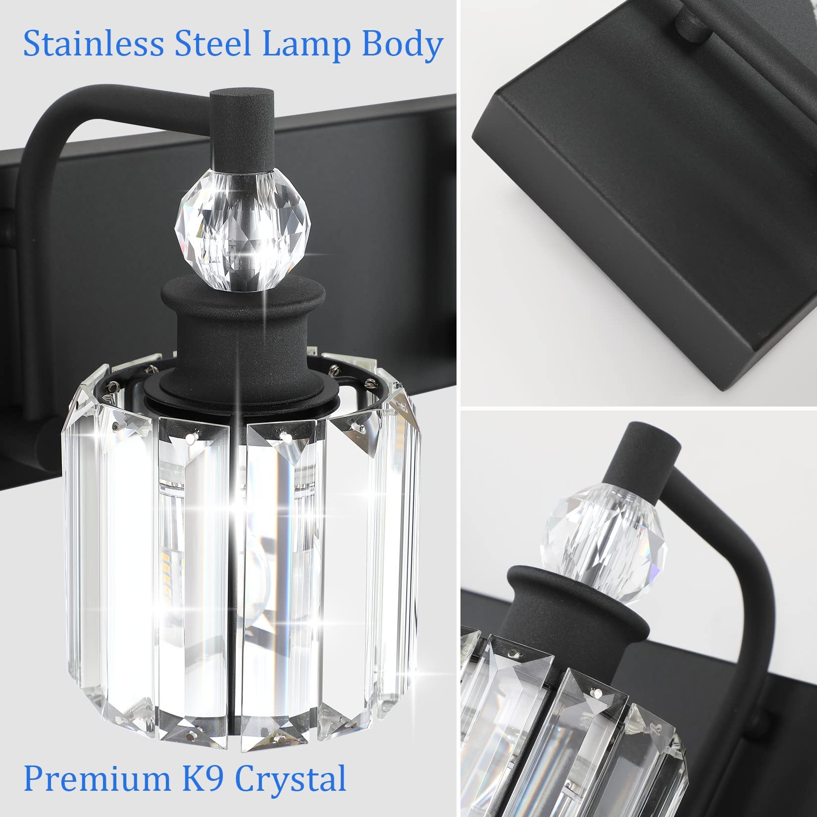 Ralbay 3-Light Black Crystal Bathroom Vanity Light Fixture - Modern Matte Black Wall Sconce for Mirror Lighting, Perfect for Bathroom, Powder Room, and Dressing Room Makeup Area