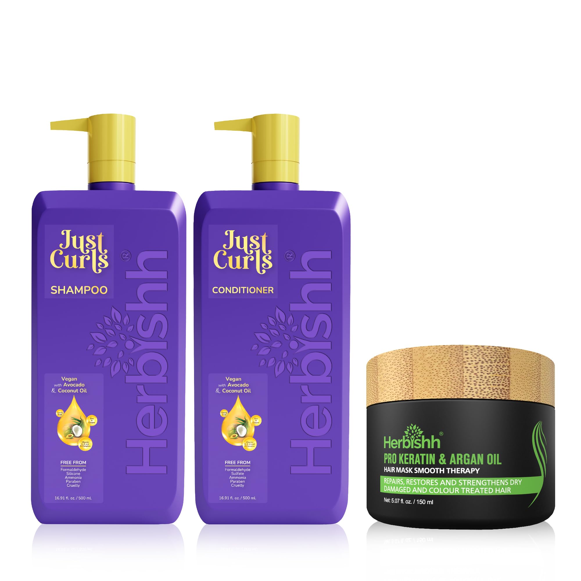 Herbishh Argan Oil Hair Mask - Deep Conditioning Treatment for Dry, Damaged Hair | Hydrating & Nourishing Hair Care 150ml + Curly Hair Shampoo & Conditioner Set | For Smooth, Shiny & Frizz-Free Hair at Home or Salon