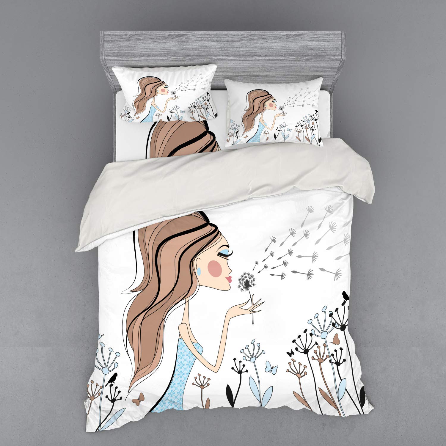 **Ambesonne Retro Duvet Cover Set - Fashion Woman with Dandelion Flower Spring Wind Garden Sketchy Illustration, 4-Piece Bedding Set with Shams & Fitted Sheet, Queen Size, Warm Taupe & Blue - Perfect for Bohemian & Vintage Bedroom Decor**