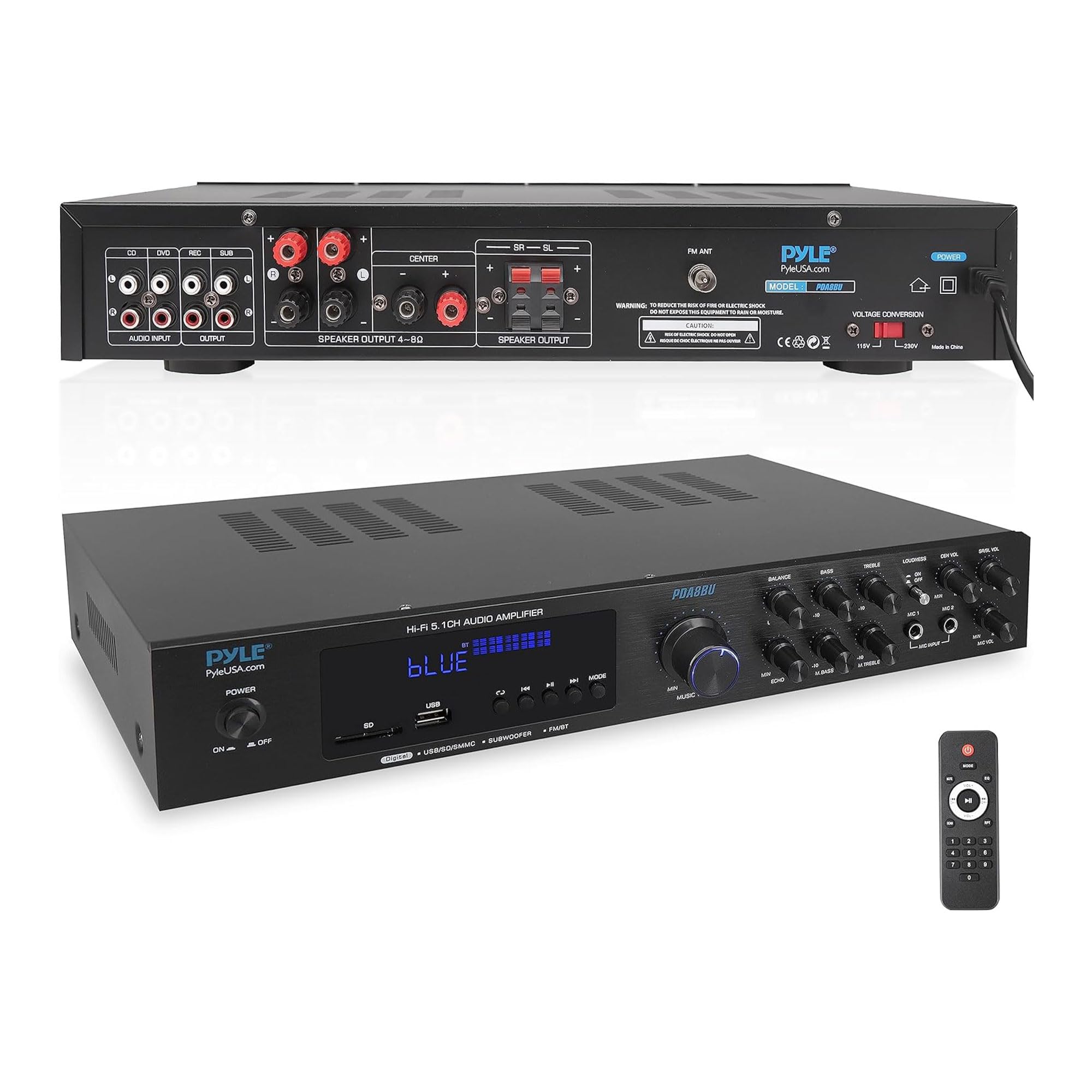 Pyle Wireless Bluetooth Audio Amplifier - 5 Channel Home Stereo Sound System with MP3/USB/SD/AUX/FM Radio - 1/4