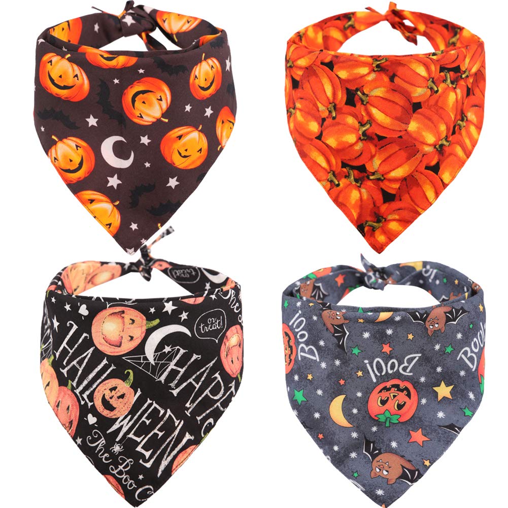 4 Pack Halloween Dog Bandana - Reversible Pumpkin Print Triangle Bib Scarf for Small Dogs & Cats - Pet Costume Accessories for Halloween Parties & Photo Shoots
