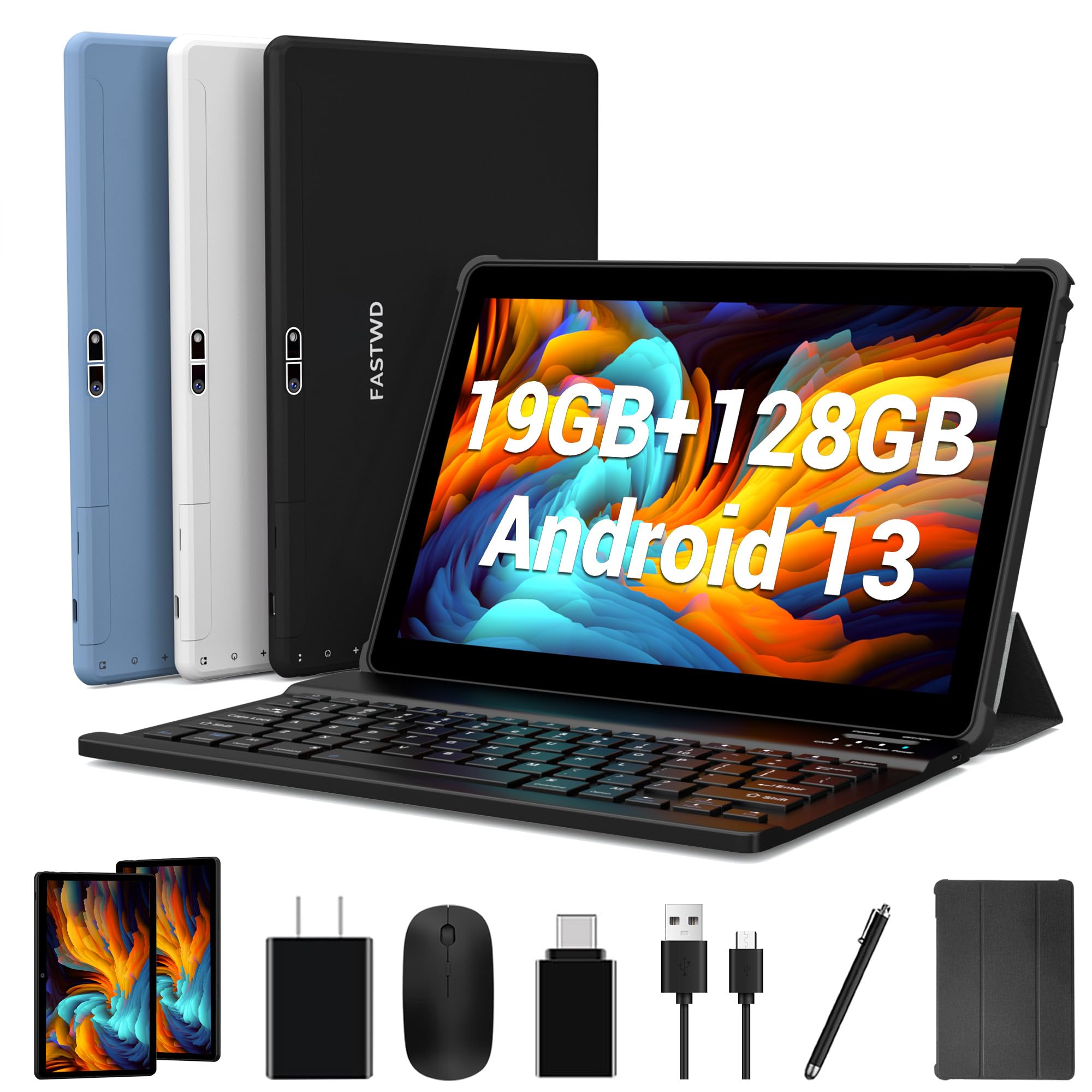 FASTWD 10 Inch Android Tablet - 5G WiFi, 8MP+13MP Dual Camera, 4GB RAM 128GB ROM, 8000mAh Battery with Keyboard & Stylus - Portable Work & Entertainment Tablet for Business, Travel & Online Learning