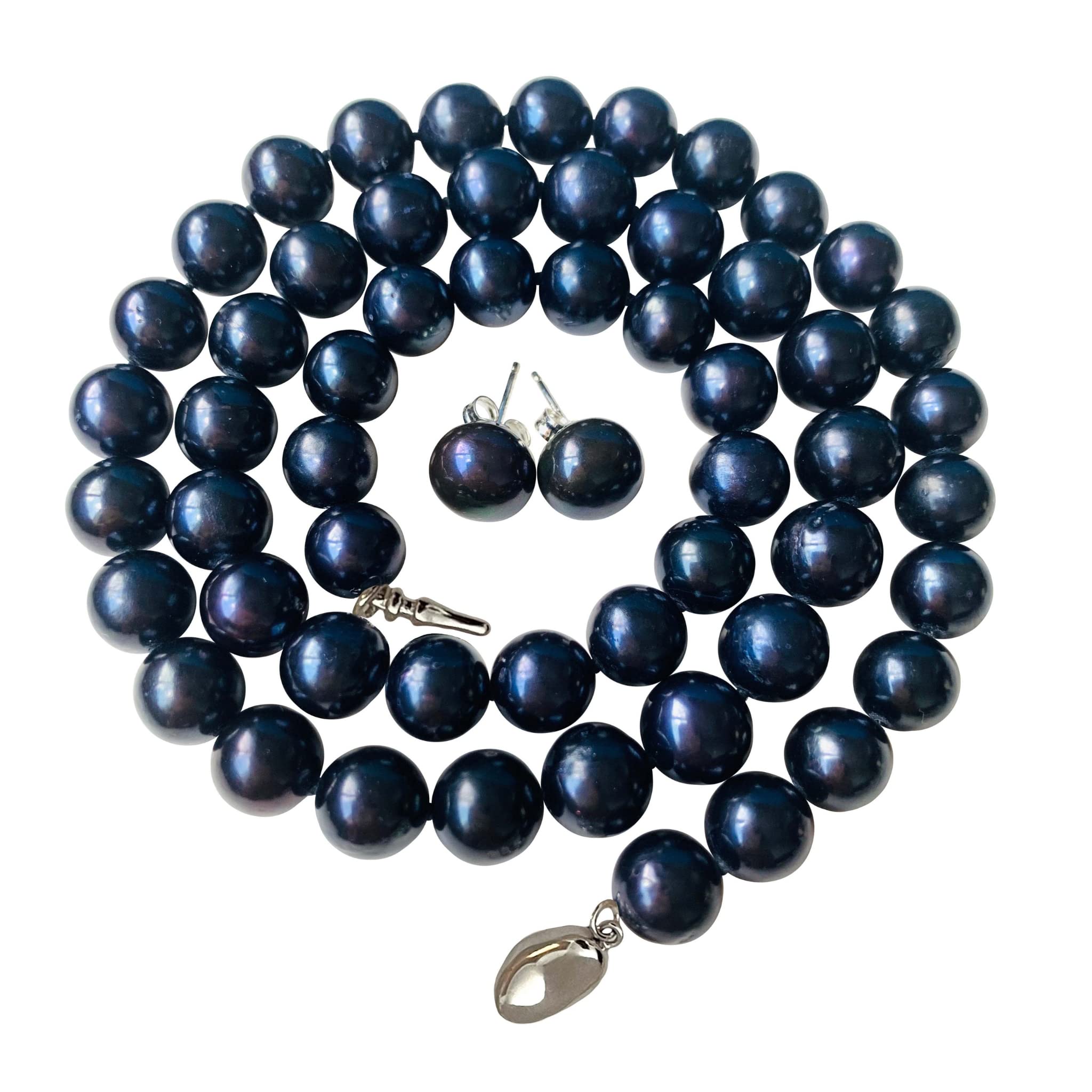 Pearl Romance II Round Black Pearl Necklace & Stud Earrings 2-Piece Jewelry Set for Women | Genuine Cultured Freshwater Pearls | Wedding, Bridal, Bridesmaid Gift & Special Occasion Accessories