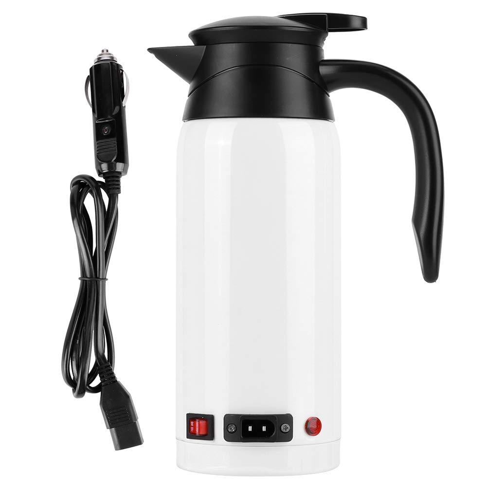 Portable 800ml Stainless Steel Electric Car Kettle - Fast Heating Travel Kettle for Tea & Coffee - USB Lighter Socket Compatible - Perfect for Road Trips, Camping & Office Use (White)