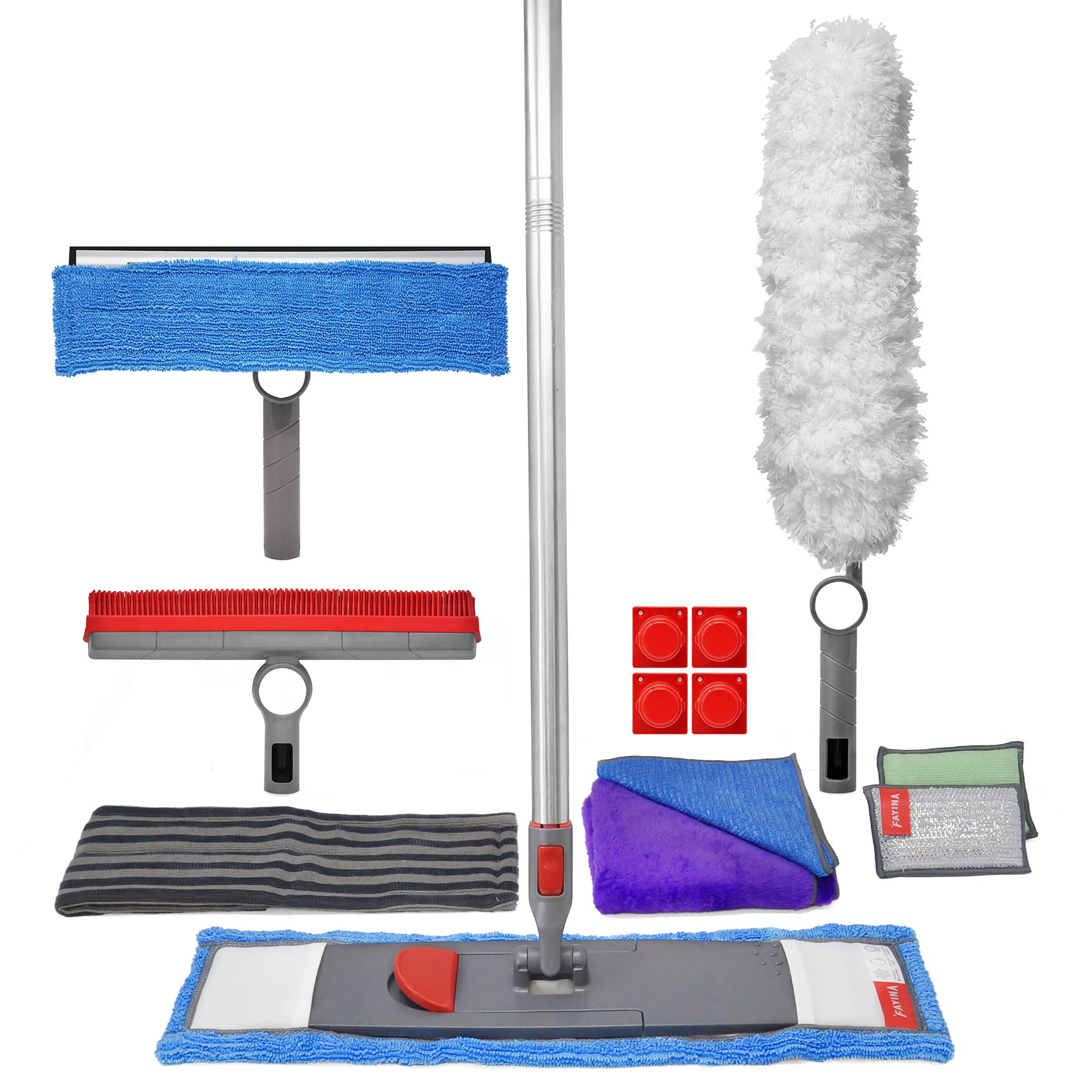 Ultimate Cleaning System Kit - Wet Flat Floor Mop, Rubber Brush, Microfiber Duster, Window Cleaner with Squeegee, 2 Microfiber Cloths & 2 Dish Sponges | Multi-Surface Cleaning for Floors, Windows, Dishes & Dusting | Home & Office Use