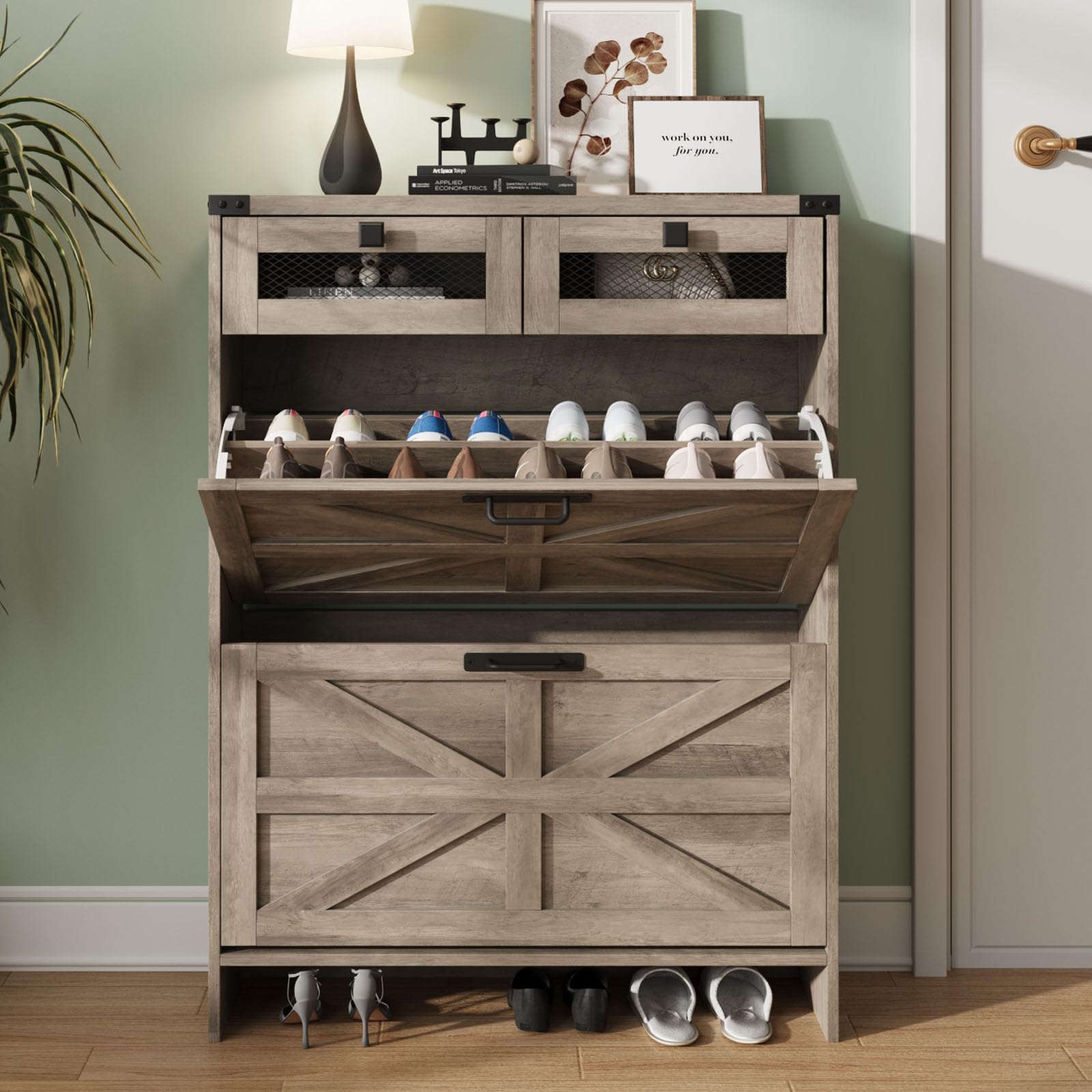 Farmhouse Shoe Storage Cabinet with 2 Flip Drawers & 2 Drawers - Narrow Freestanding Entryway Shoe Rack for Hallway, Living Room or Bedroom Organization - Grey Wooden Shoe Cabinet for Small Spaces