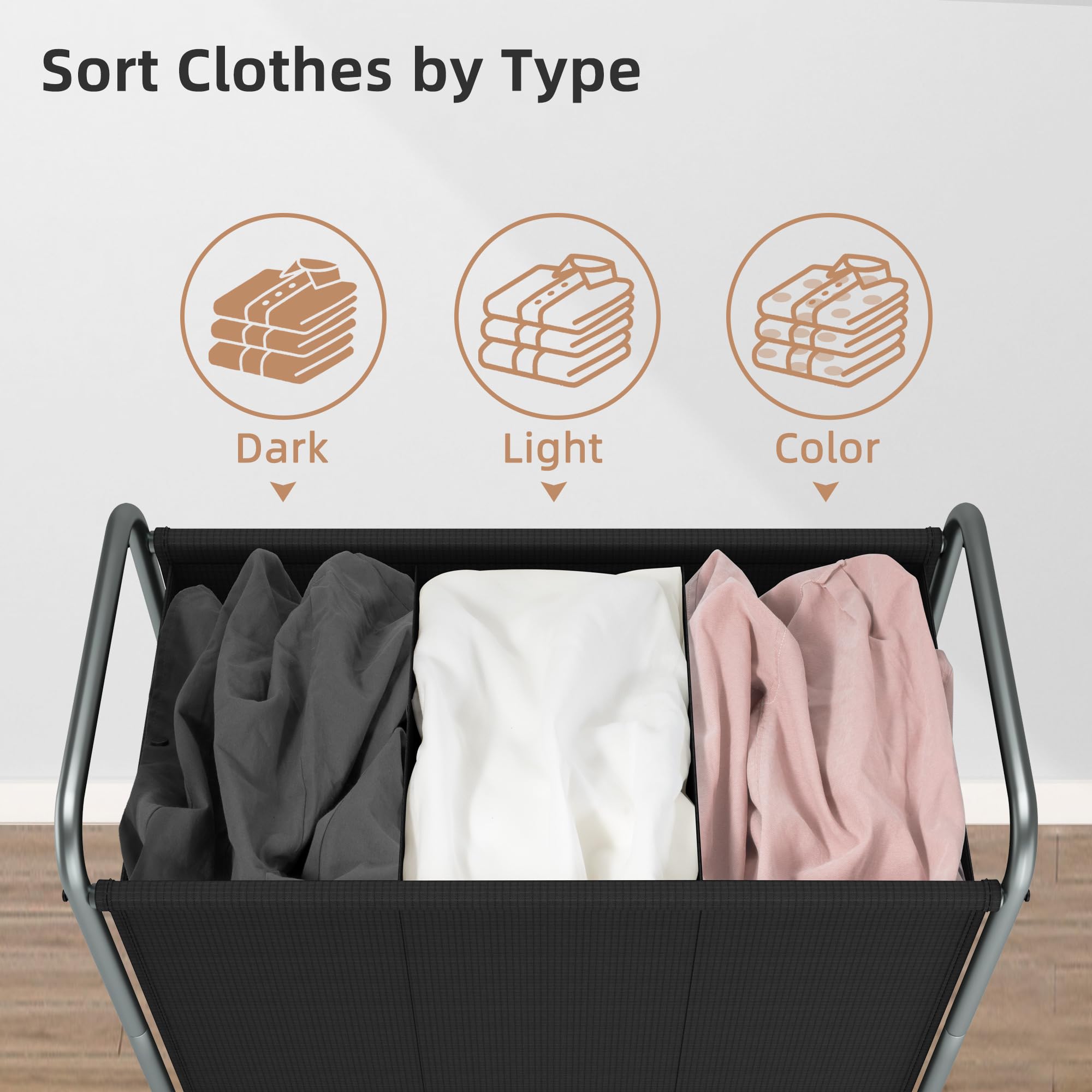 STORAGE MANIAC 165L Laundry Hamper with Wheels - 3-Section Clothes Sorter for Home & Laundry Room