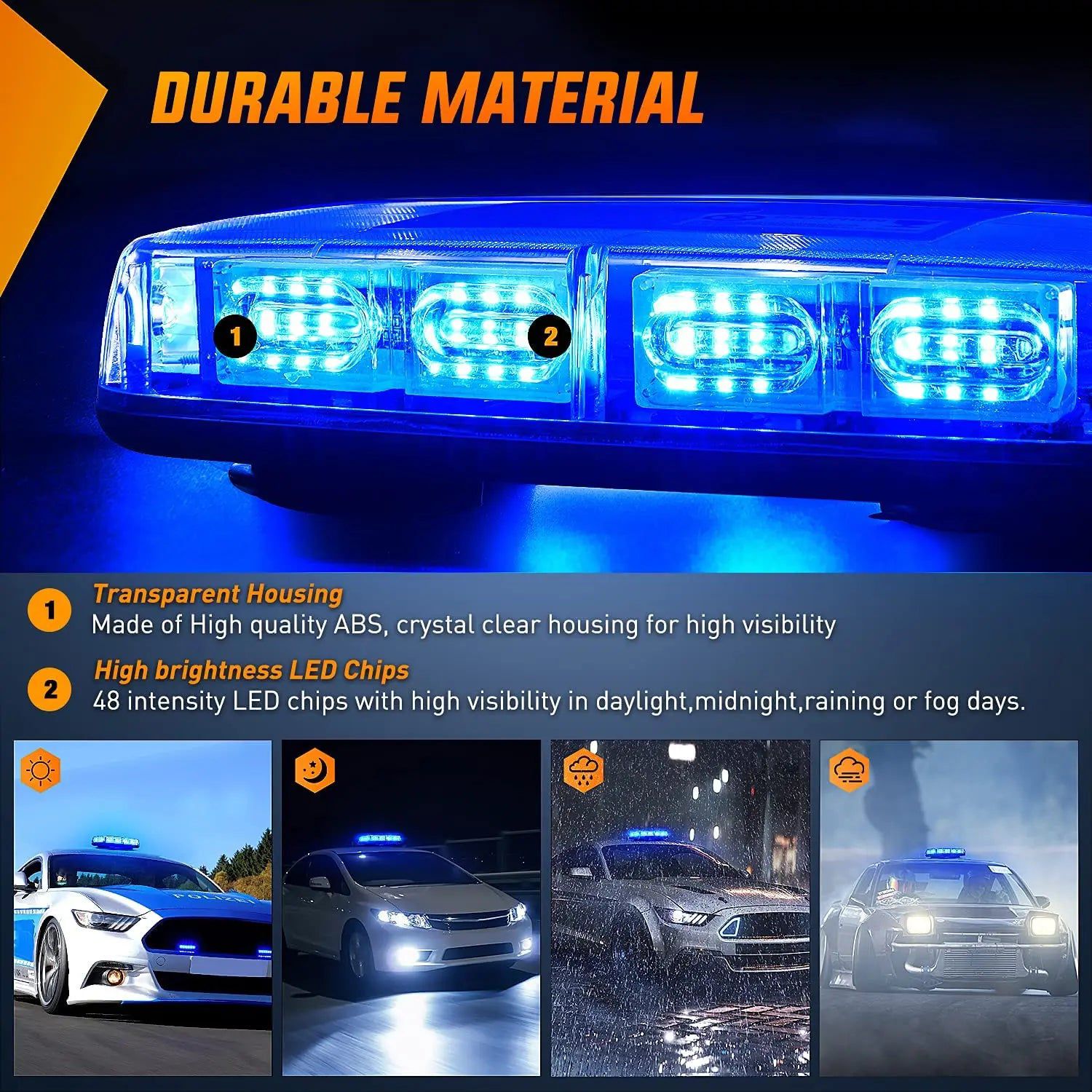 12 Inch 48 LED Blue Emergency Strobe Light for Trucks, Police Vehicles & Emergency Response - High Visibility Roof Top Warning Light for Road Safety