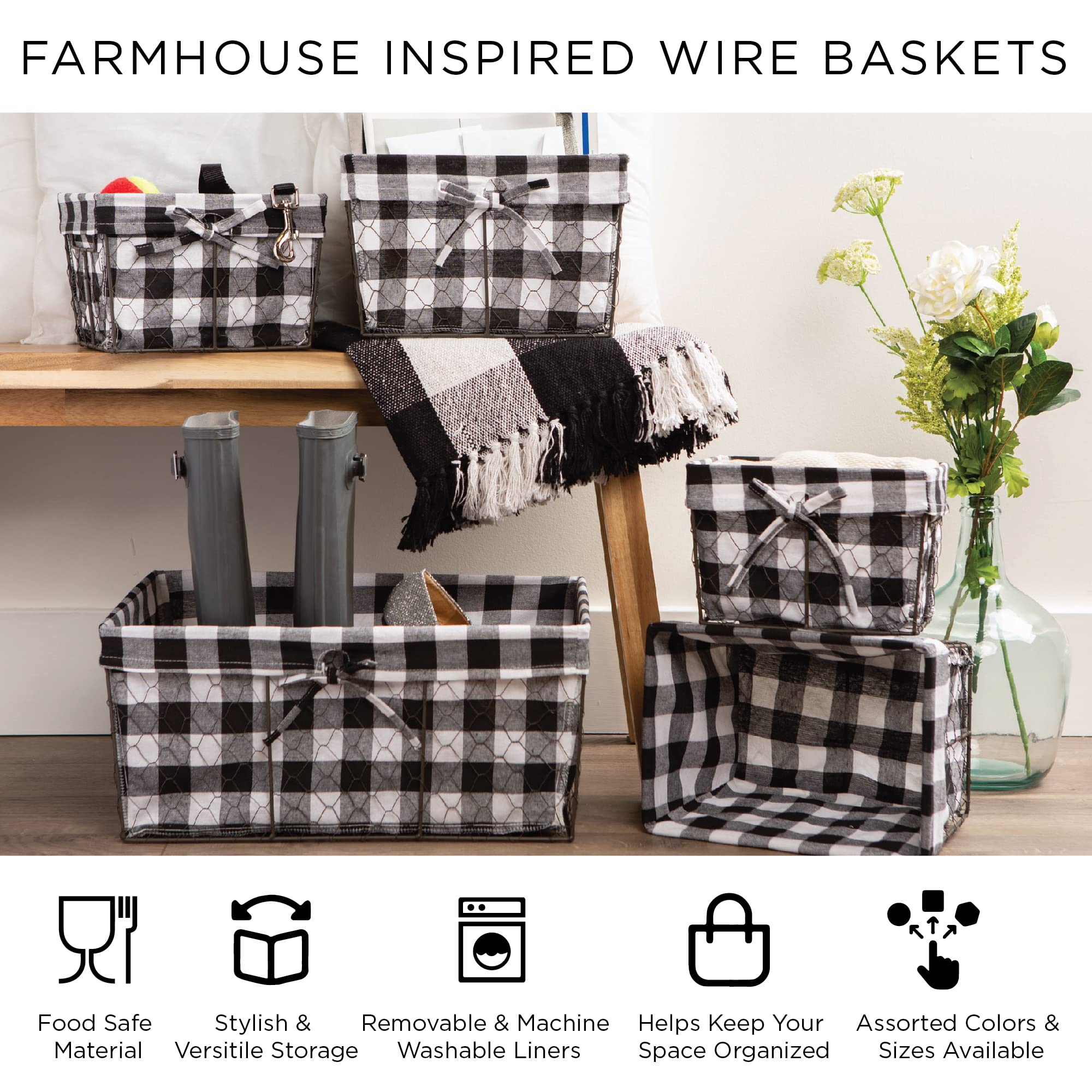 DII Farmhouse Chicken Wire Storage Baskets with Liner - Small 9x7x6 Inches, 3-Piece Set in Antique Black & White Gingham Check - Perfect for Kitchen, Bathroom, and Home Organization