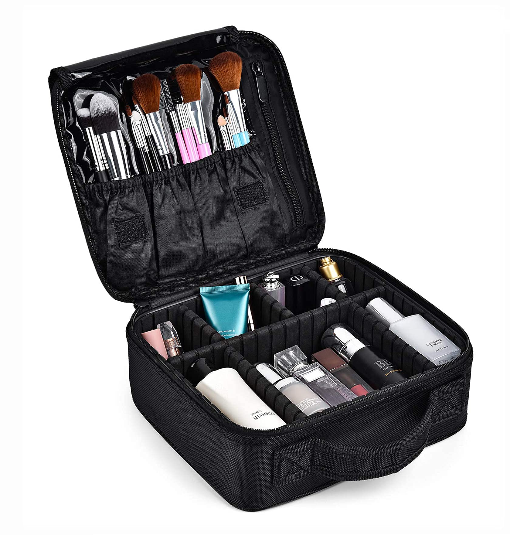 Seagull Fashion Cosmetic Bag - Waterproof Makeup Organizer for Travel & Home - Vanity Bag with Dividers for Brushes, Toiletries & Cosmetics (26x23x9cm) - Black Nylon - Perfect for Daily Use, Gym & Weekend Getaways