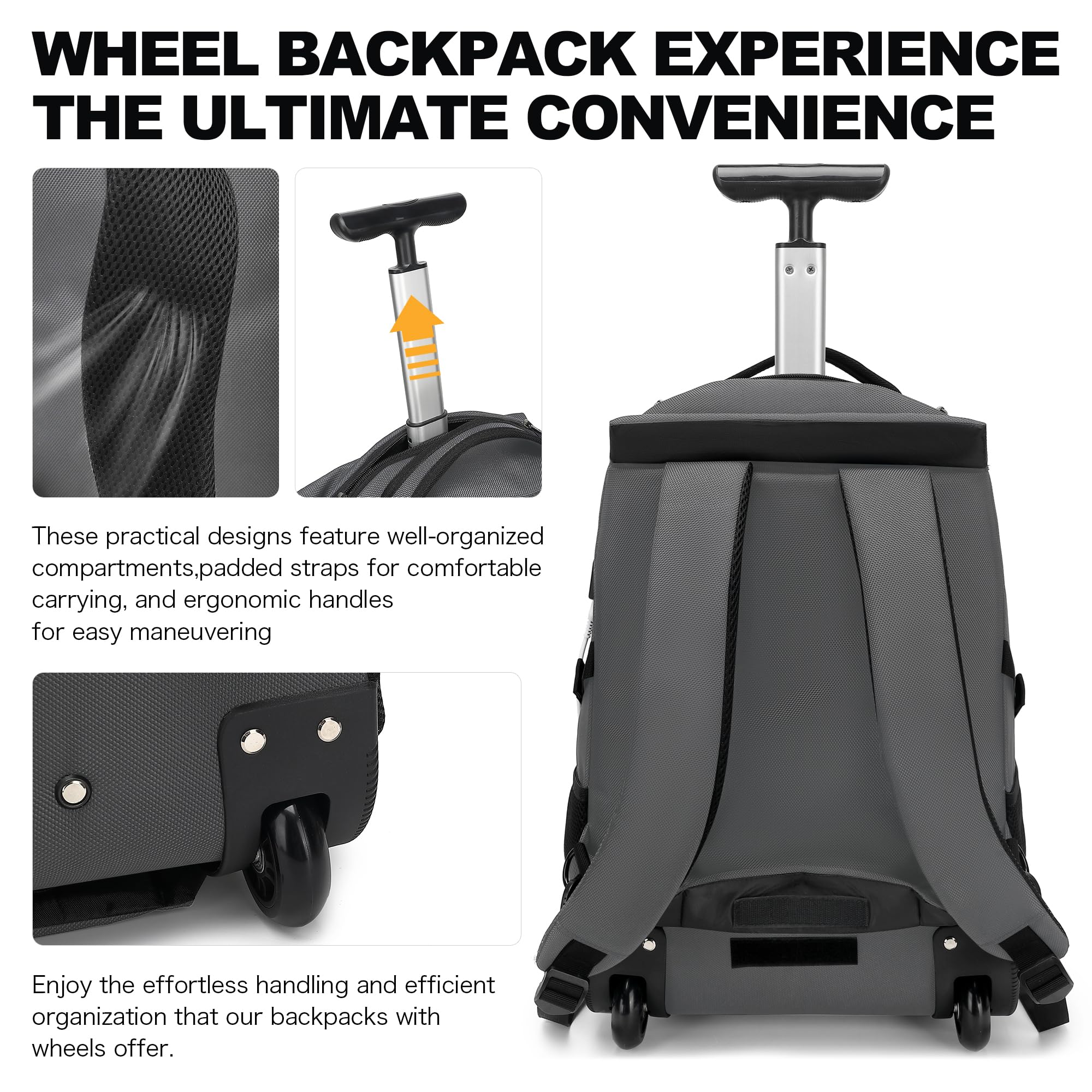 Boavan 17 Inch Rolling Backpack with Wheels - Water Resistant Wheeled Carry On Luggage for Travel, Business & College - Trolley Backpack Suitcase for Men & Women - Perfect for Airplane, Commuting & Overnight Trips - Grey