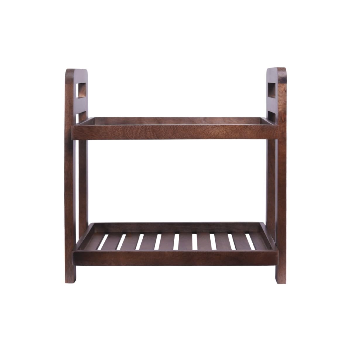 Premium Cocoa Brown Wooden 2-Tier Kitchen Organizer Stand - Free Standing Display Shelf for Snacks, Fruits & Desserts - Mahogany Finish DIY Serving Tray for Dining Room, Pantry & Countertop Organization