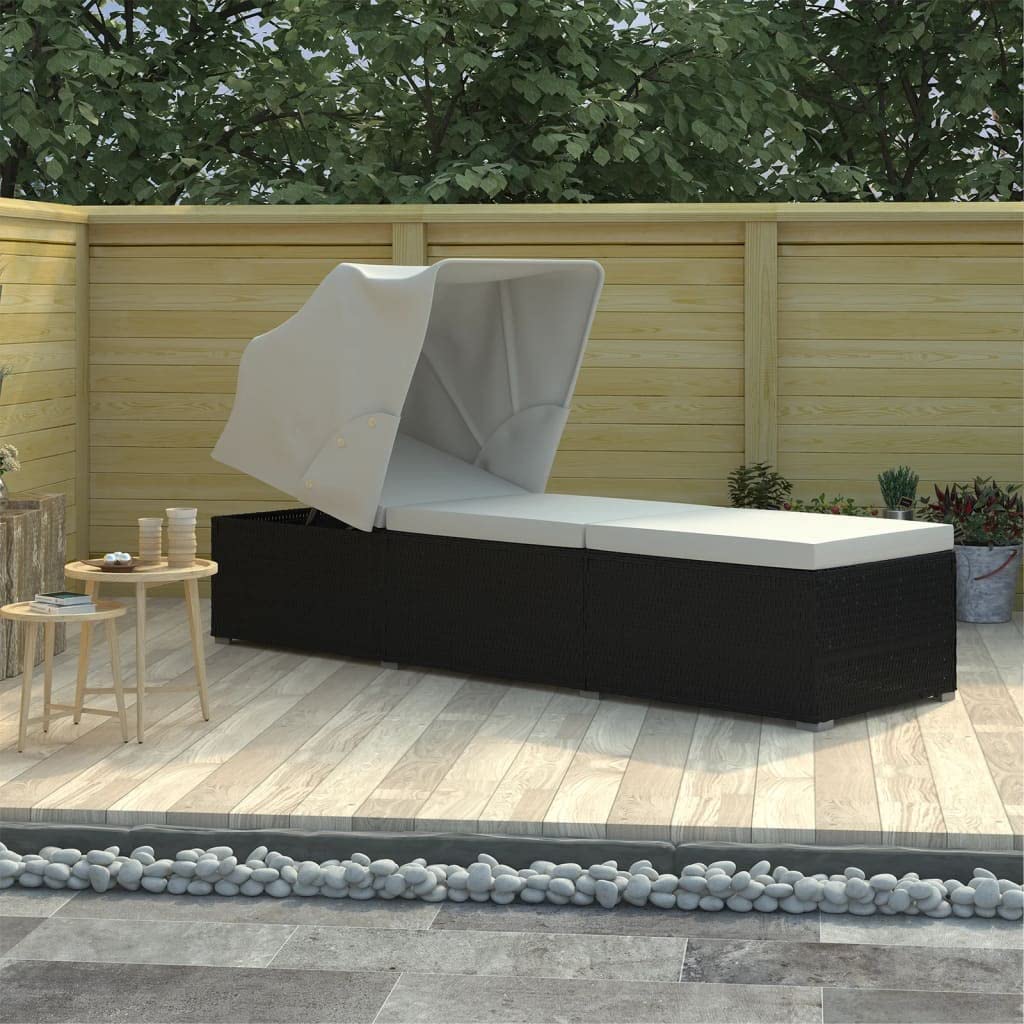 WELLIKEA Cream White Poly Rattan Sun Lounger with Adjustable Canopy & Removable Cushion - Perfect for Poolside, Patio, Garden Relaxation and Outdoor Lounging