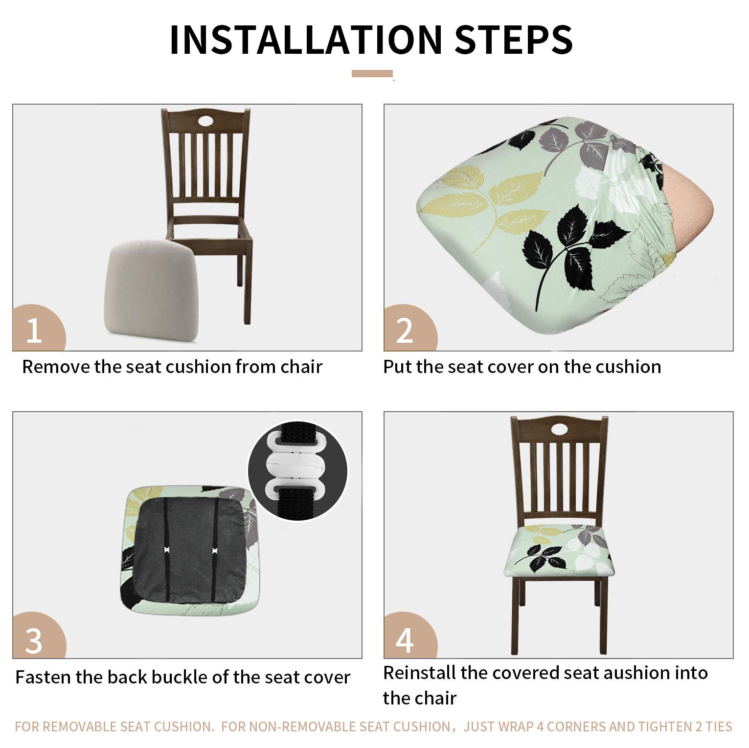 Stretch Printed Chair Covers with Elastic Ties & Buttons - Removable Washable Dining Chair Protector Slipcovers for Dining Room & Office (Green) - Perfect for Home Decor & Furniture Protection