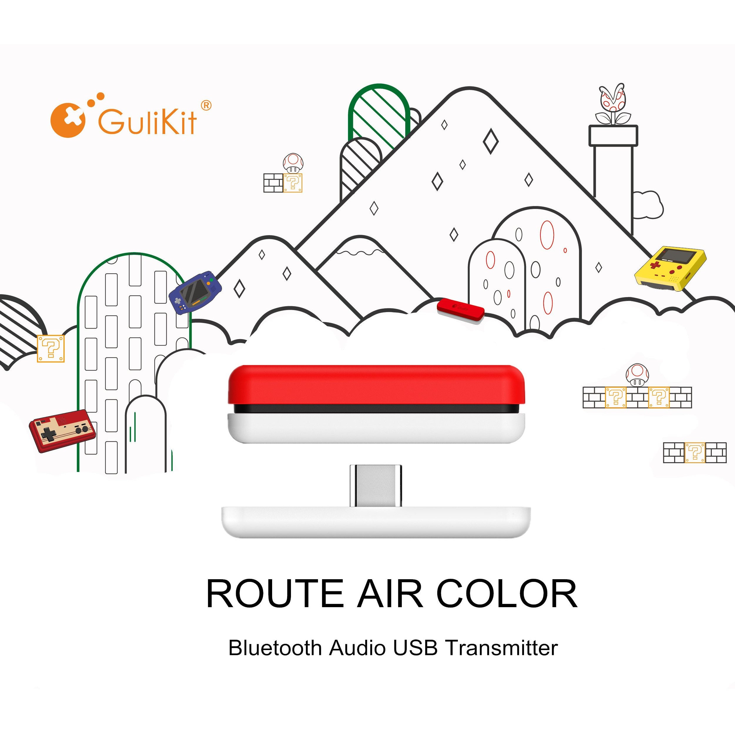 Gulikit Route Air Wireless Bluetooth Audio USB Adapter for Nintendo Switch - White/Red - Wireless Gaming Headset Adapter for Switch, PS4, PC - Perfect for Gaming, Travel & Home Entertainment