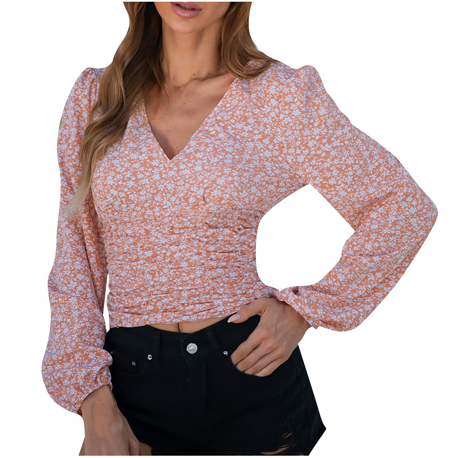 Women's Long Sleeve V-Neck Floral Print Casual T-Shirt Blouse - Trendy Fall Fashion 2022 - Perfect for Work, Date Night & Everyday Wear