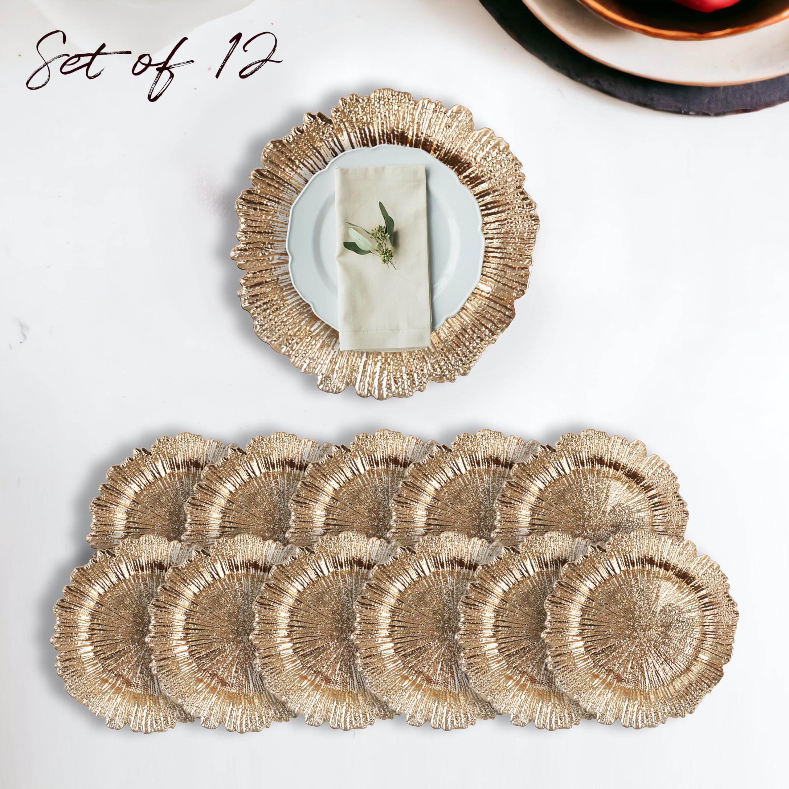 Evershine 12-Pack 13 Inch Gold Plastic Charger Plates with Floral Reef Design - Elegant Dinner Plates for Wedding, Party & Table Setting Decor - Perfect for Formal Dining, Buffets & Special Events