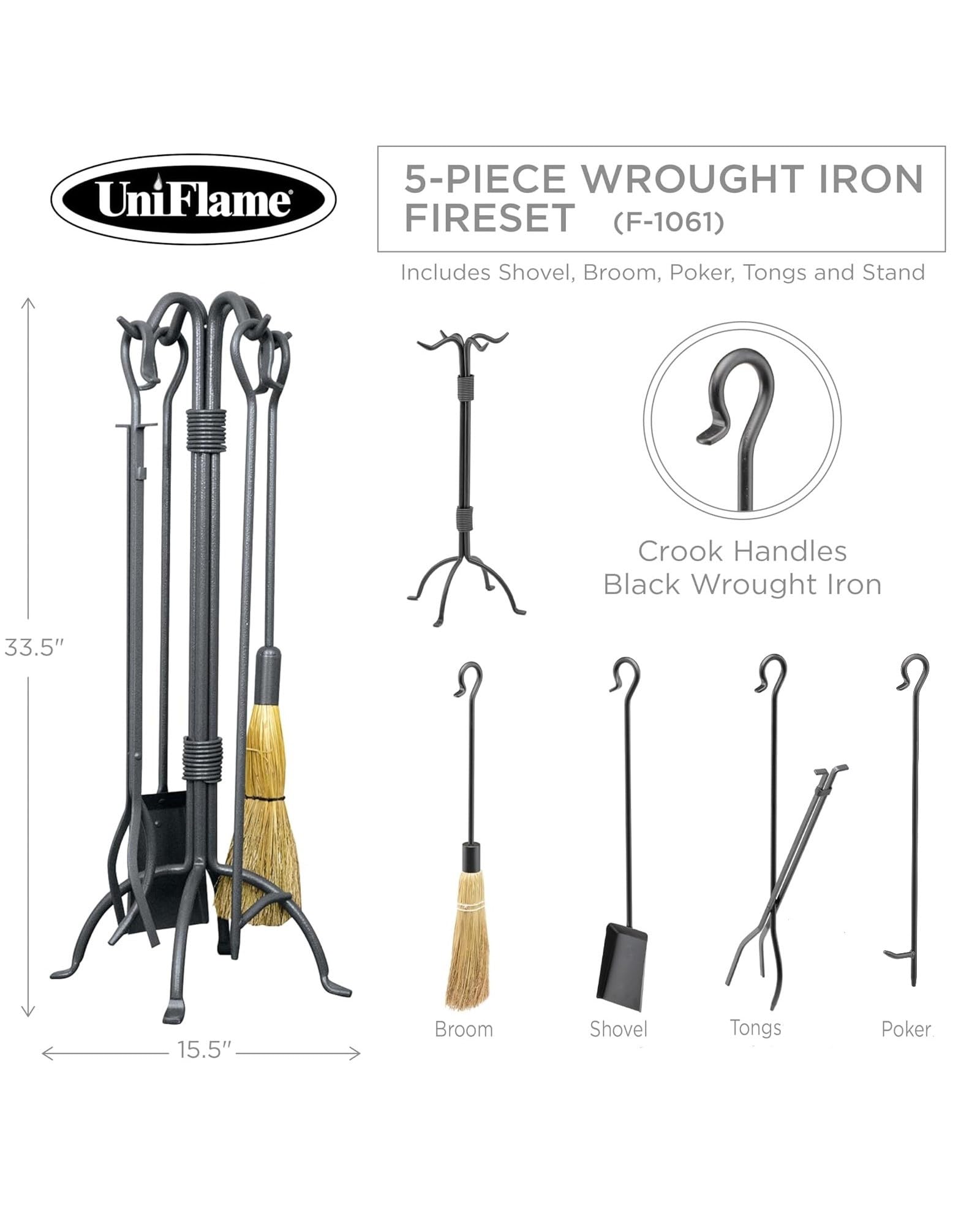 Uniflame 5-Piece Black Wrought Iron Fireplace Tools Set with Center Weave - Durable Fireplace Accessories for Indoor & Outdoor Fire Pits, Fireplaces, and Wood Stoves