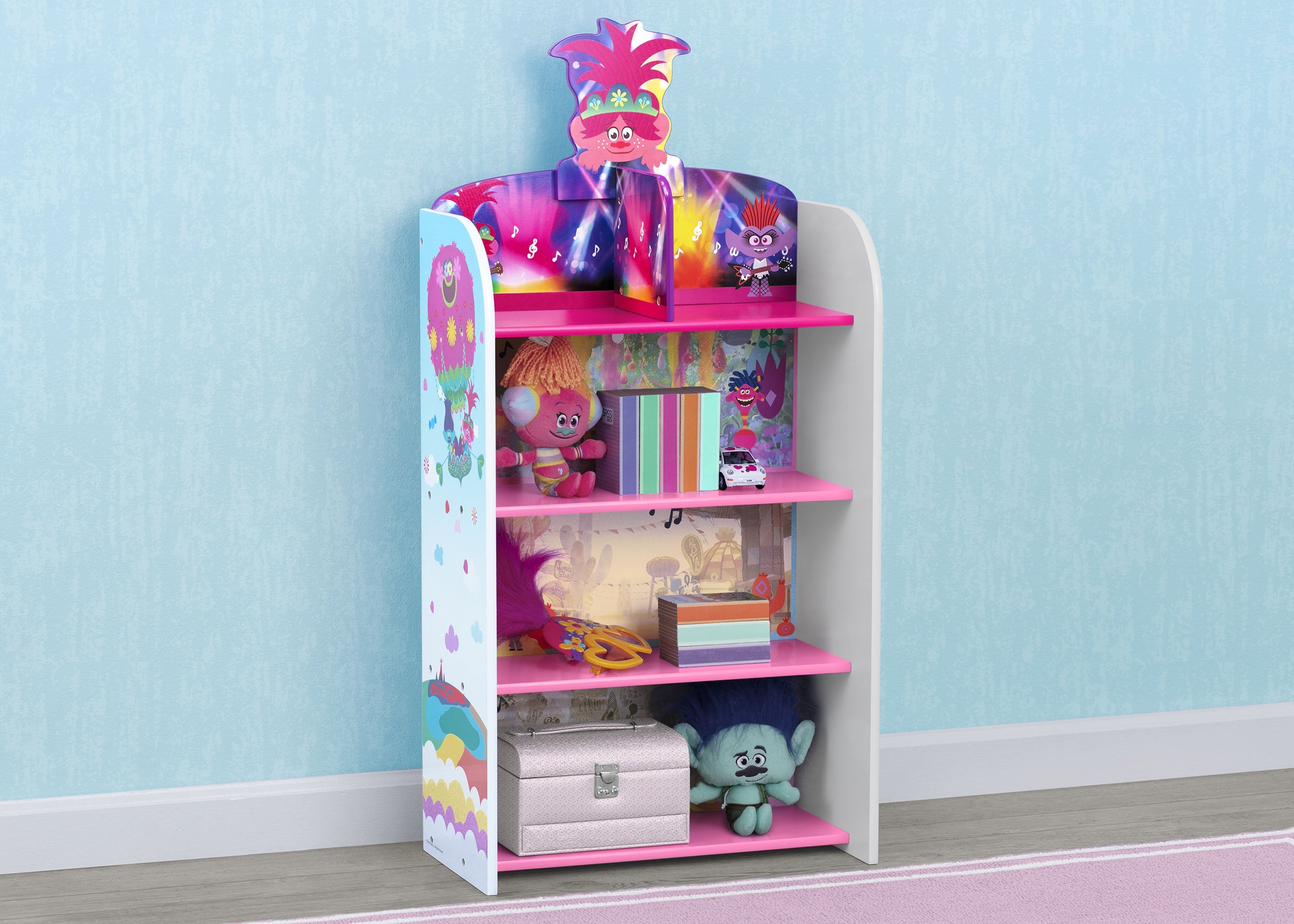 Trolls World Tour Wooden Playhouse 4-Shelf Bookcase - Kids Bookshelf for Bedroom, Nursery & Playroom Organization