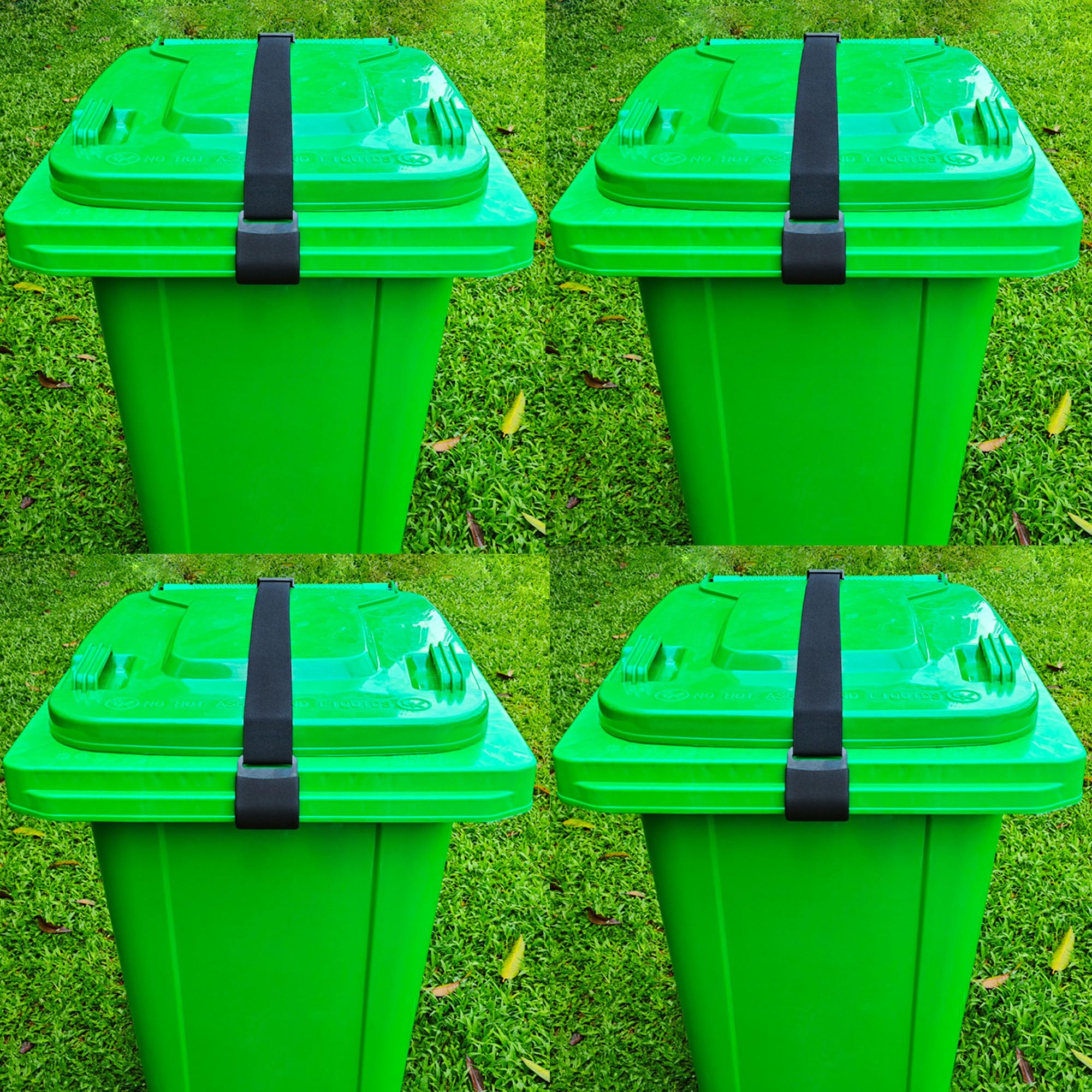 Universal Adjustable Metal Double Claw Trash Can Lock Strap 4PCS - Secure Garbage Bin Lid Lock for Raccoons & Animals - Heavy Duty Bungee Cord Belt for Outdoor Trash Cans - Perfect for Backyard, Camping & Wildlife Areas