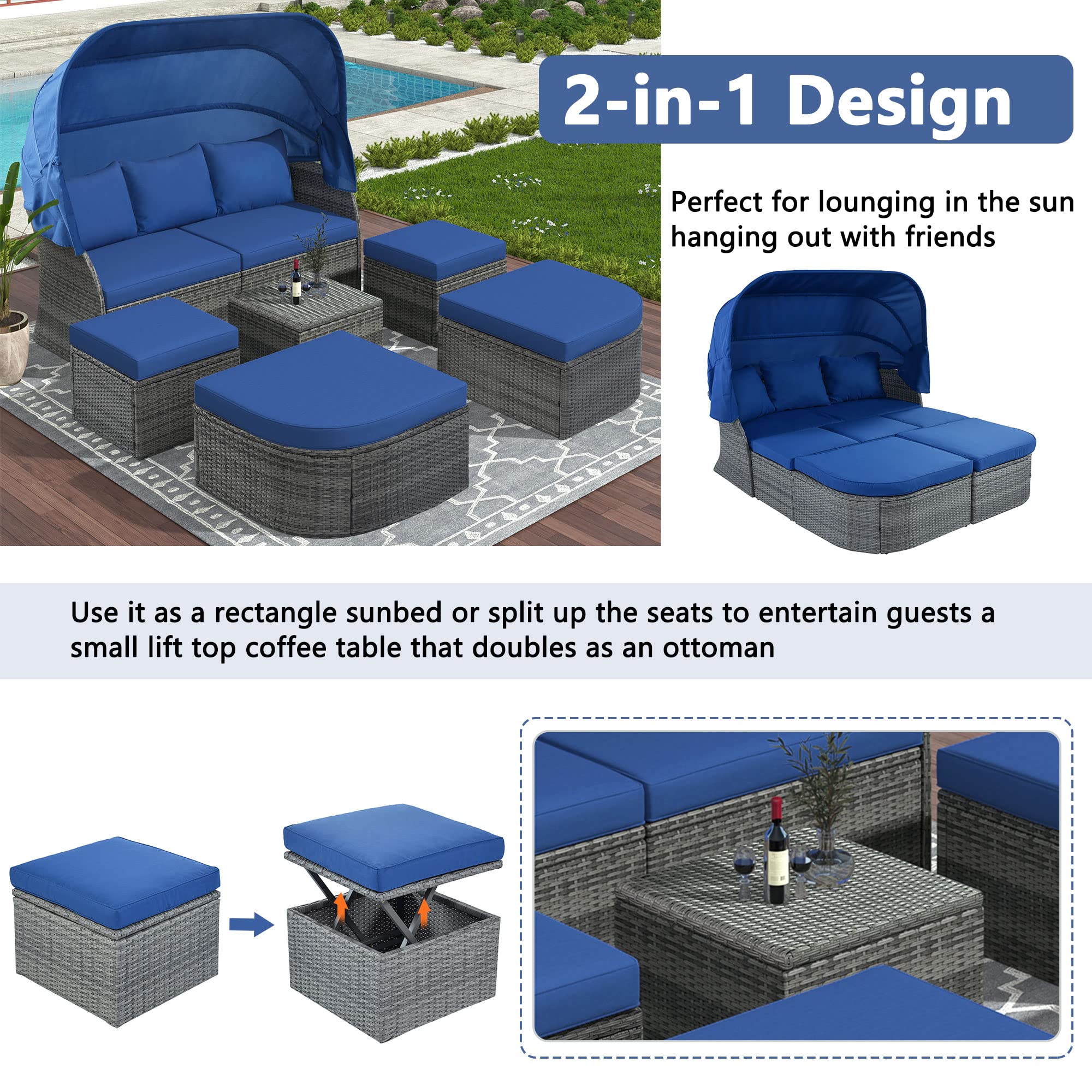 Polibi Patio Sunbed with Retractable Canopy - Rattan Wicker Outdoor Furniture Set with Soft Blue Cushions - Daybed Sofa Conversation Set for Garden, Yard, Poolside & Patio Relaxation