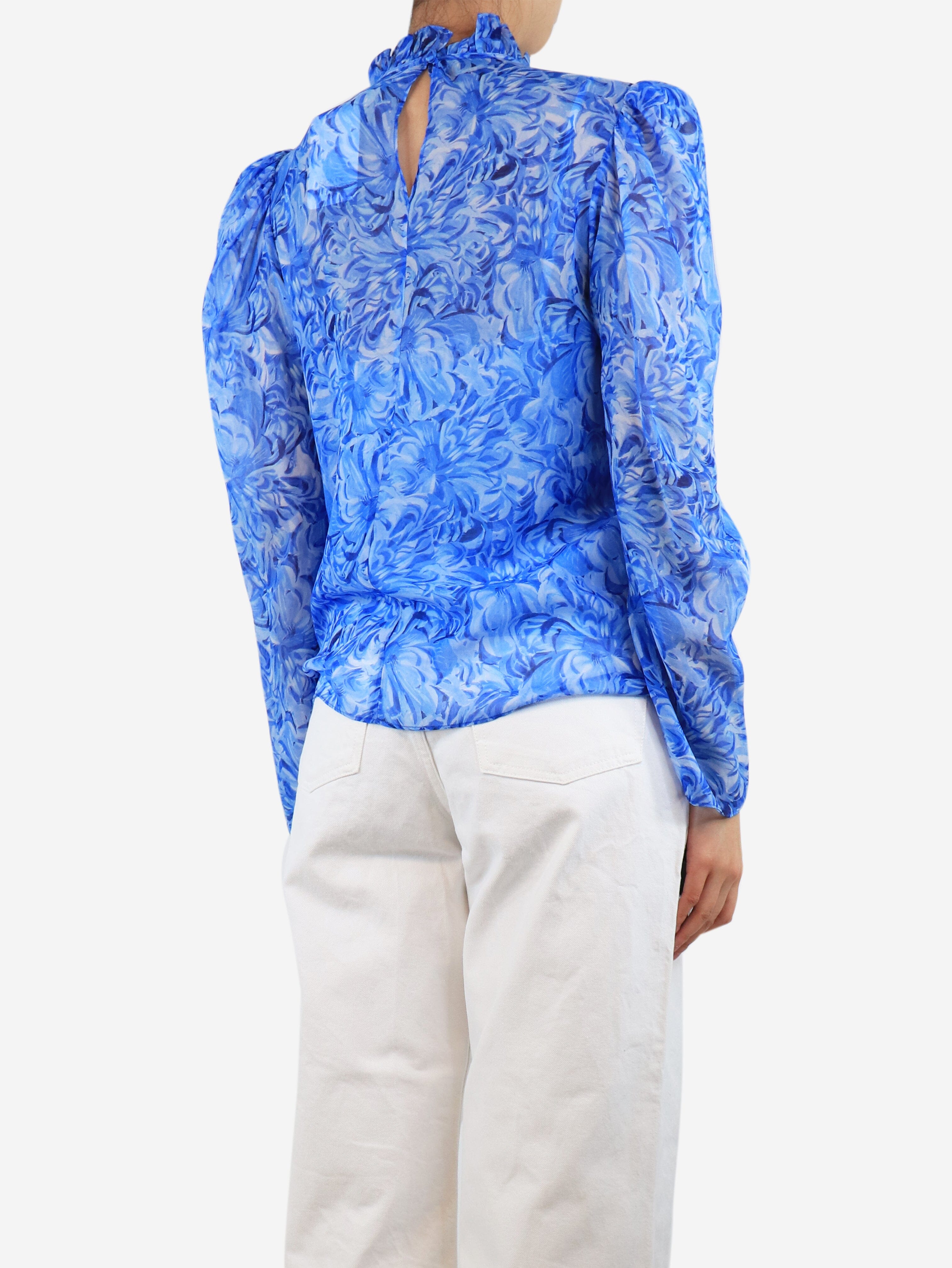 Blue Floral Silk Blouse Women's Size UK 8 | Elegant Summer Top for Office, Party & Date Night Outfits
